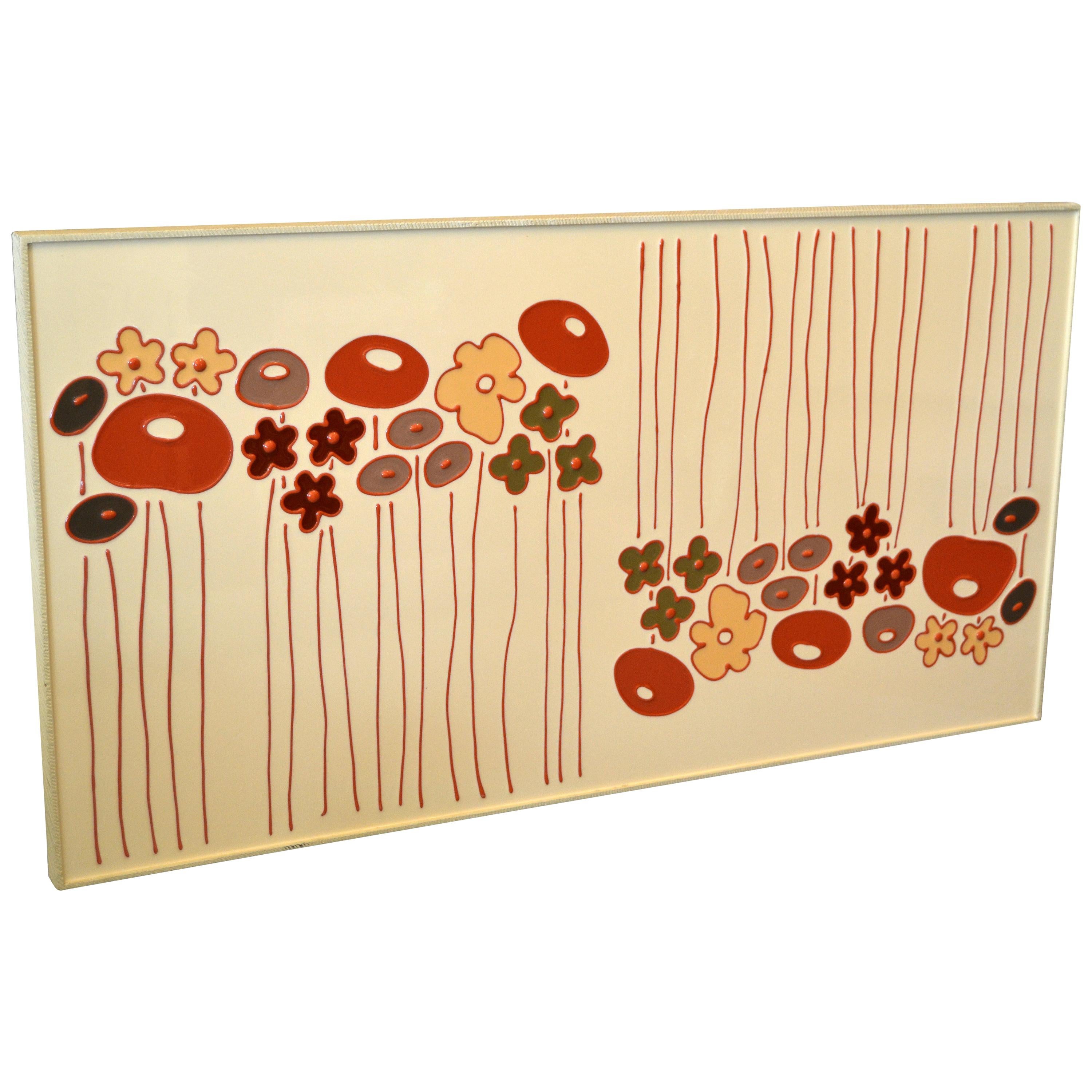 Mid-Century Modern Framed Rectangular Beige Enamel Flower Wall Art For Sale