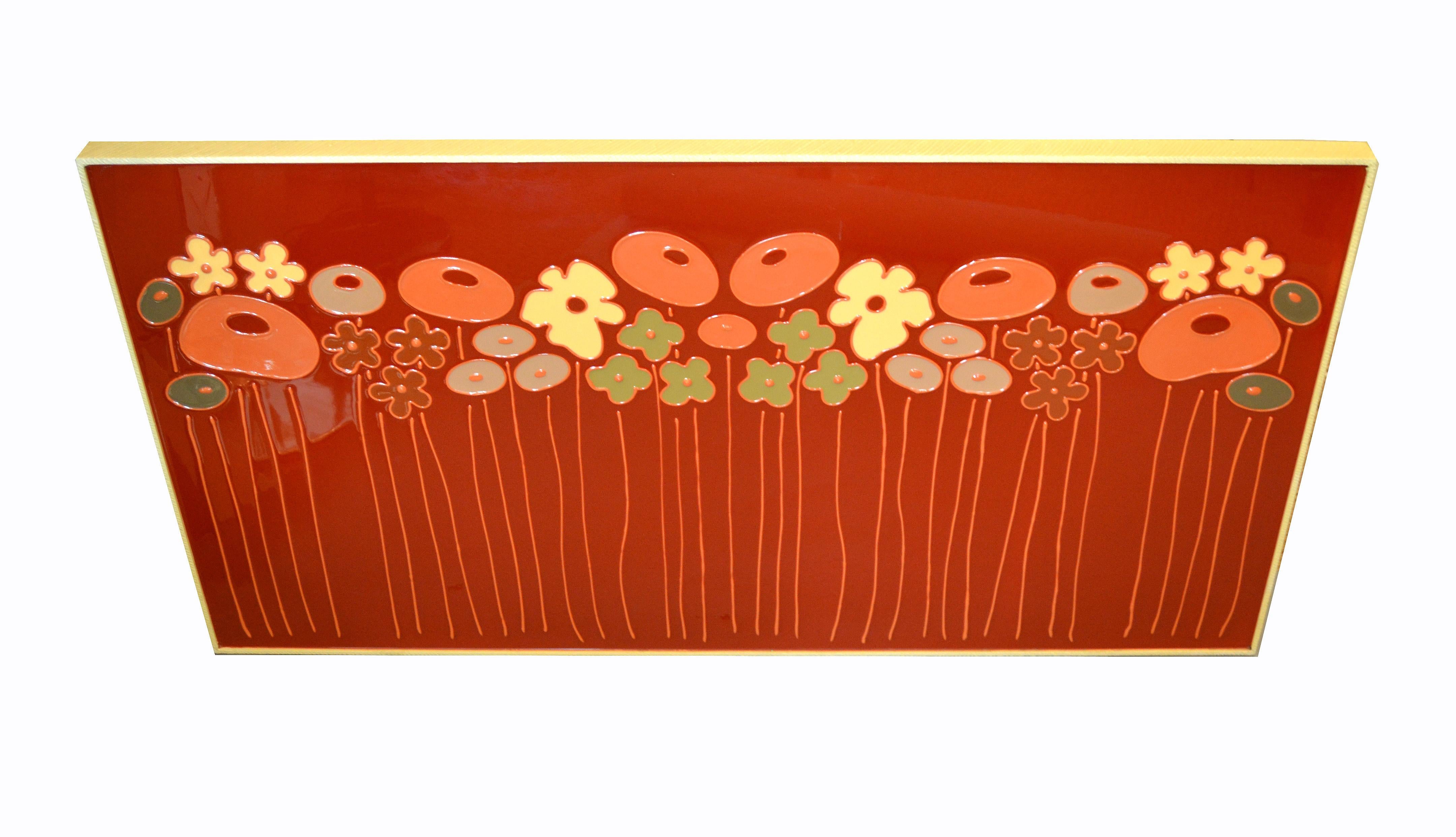 Mid-Century Modern Framed Rectangular Brown & Tan Enamel Flower Wall Art 5