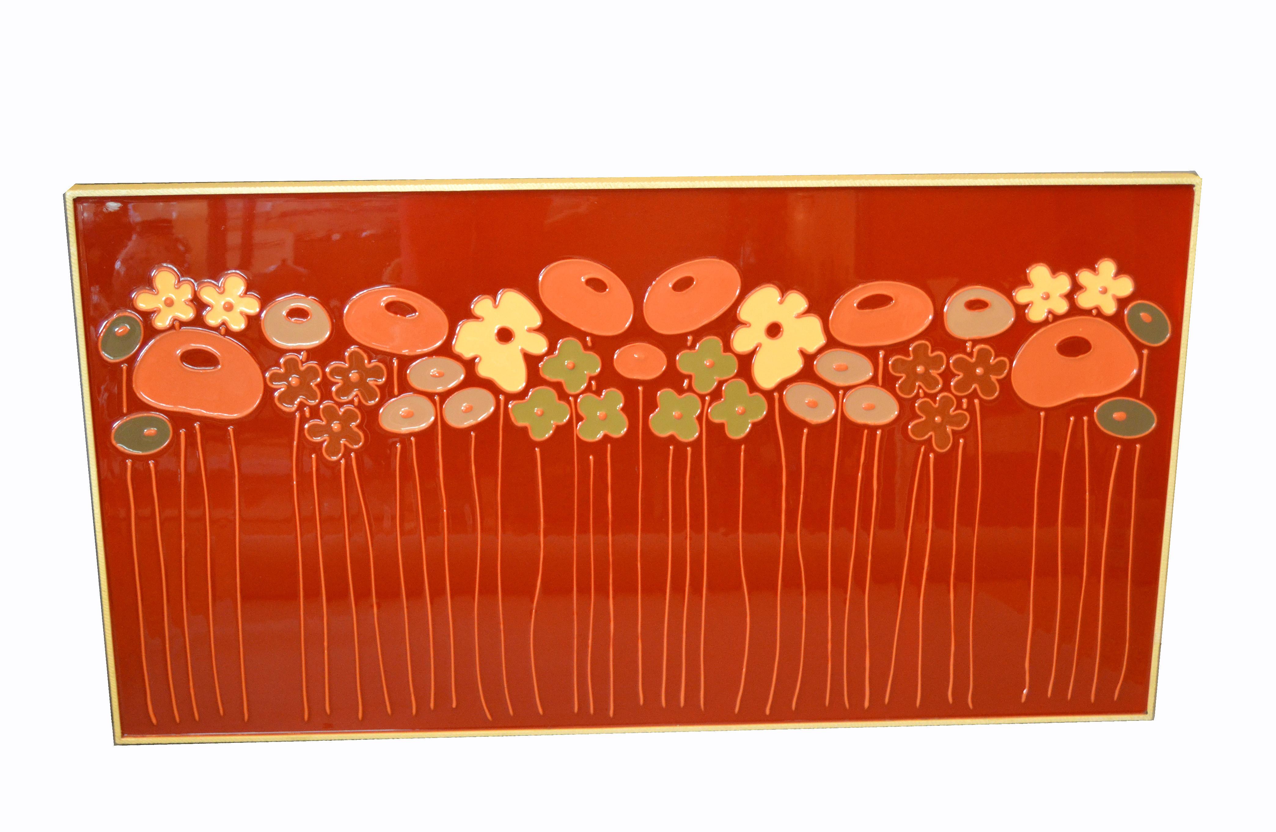 Mid-Century Modern Framed Rectangular Brown & Tan Enamel Flower Wall Art 7