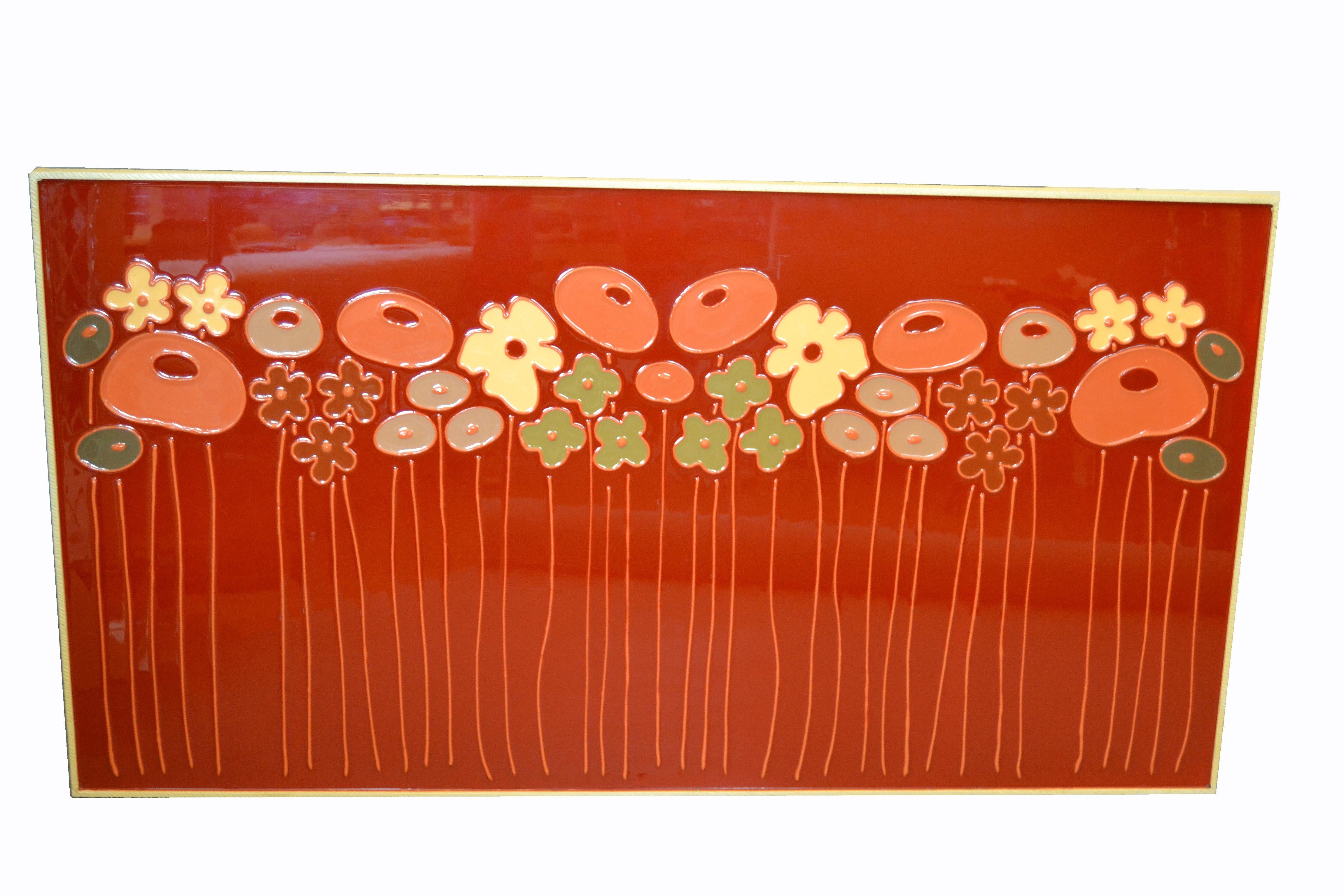 American Mid-Century Modern Framed Rectangular Brown & Tan Enamel Flower Wall Art