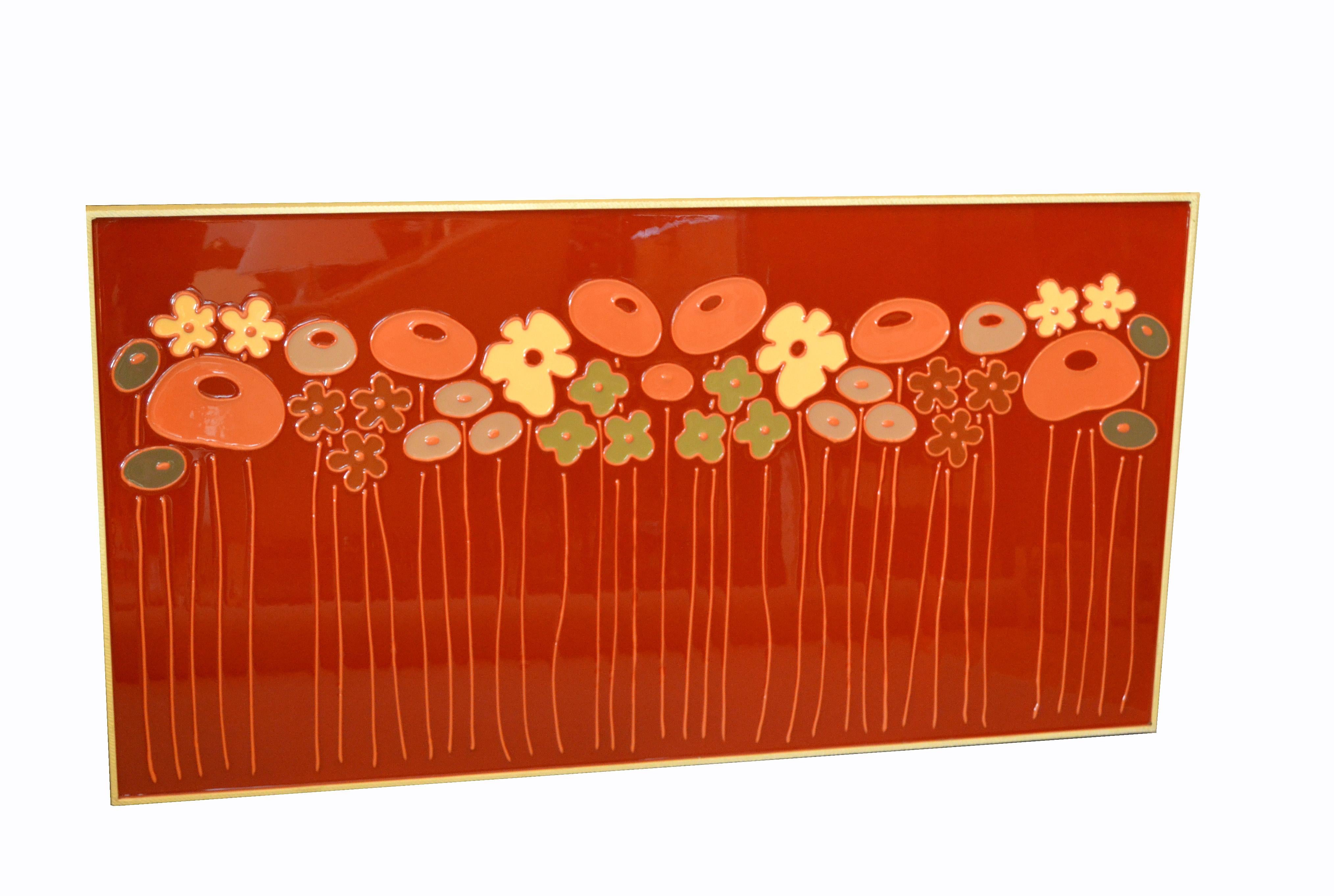 Hand-Crafted Mid-Century Modern Framed Rectangular Brown & Tan Enamel Flower Wall Art