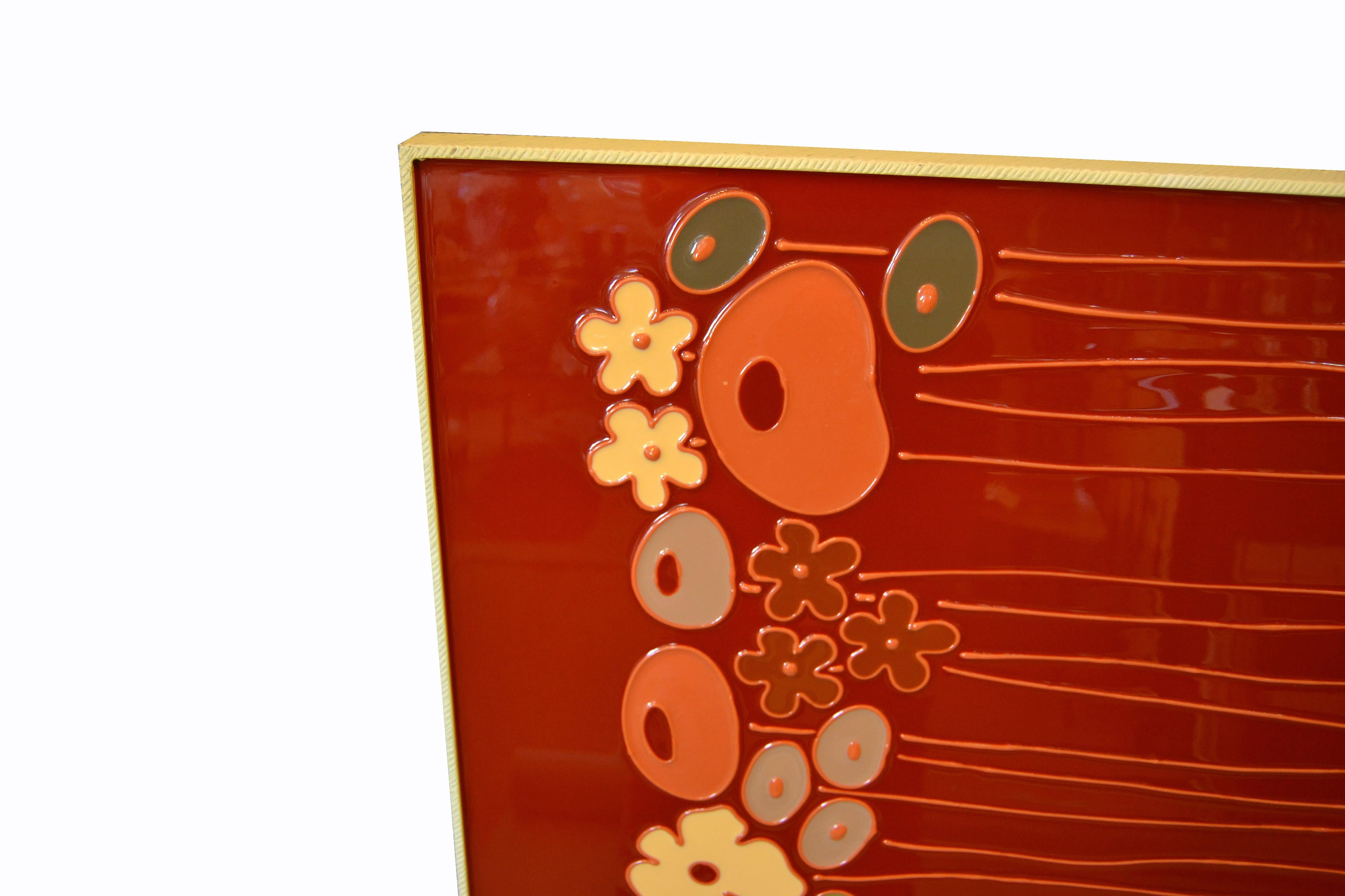 Plastic Mid-Century Modern Framed Rectangular Brown & Tan Enamel Flower Wall Art