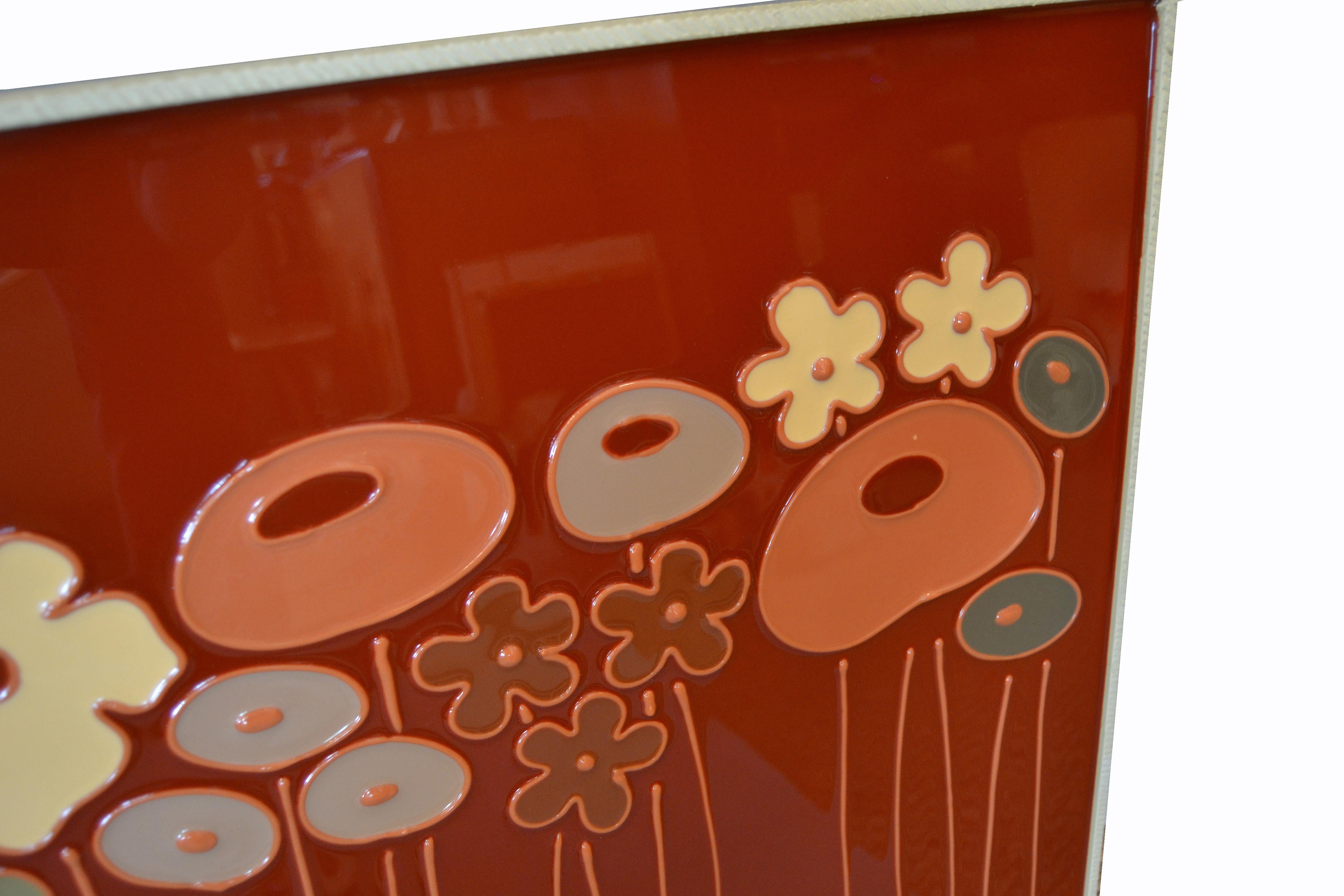 Mid-Century Modern Framed Rectangular Brown & Tan Enamel Flower Wall Art 1