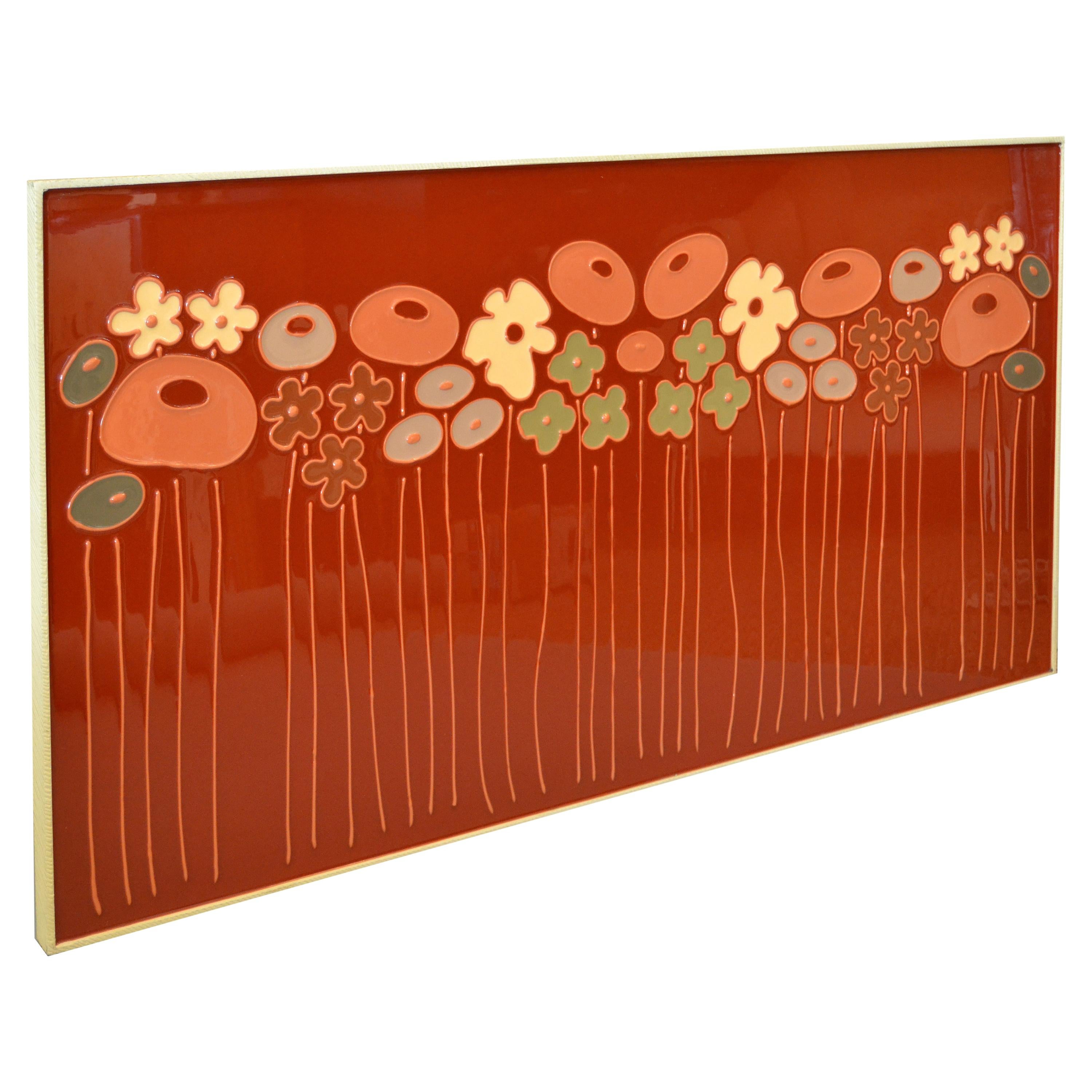 Mid-Century Modern Framed Rectangular Brown & Tan Enamel Flower Wall Art