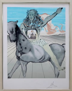 Mid-Century Modern Framed Salvador Dali Pencil Signed Etching Surrealist Knight