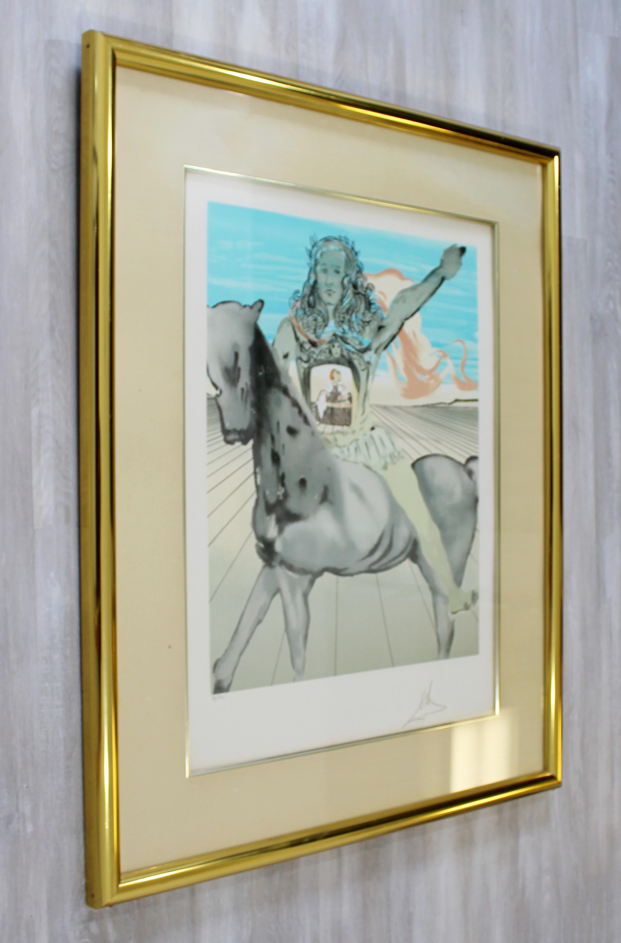 Mid-Century Modern Framed Salvador Dali Pencil Signed Etching Surrealist Knight 1