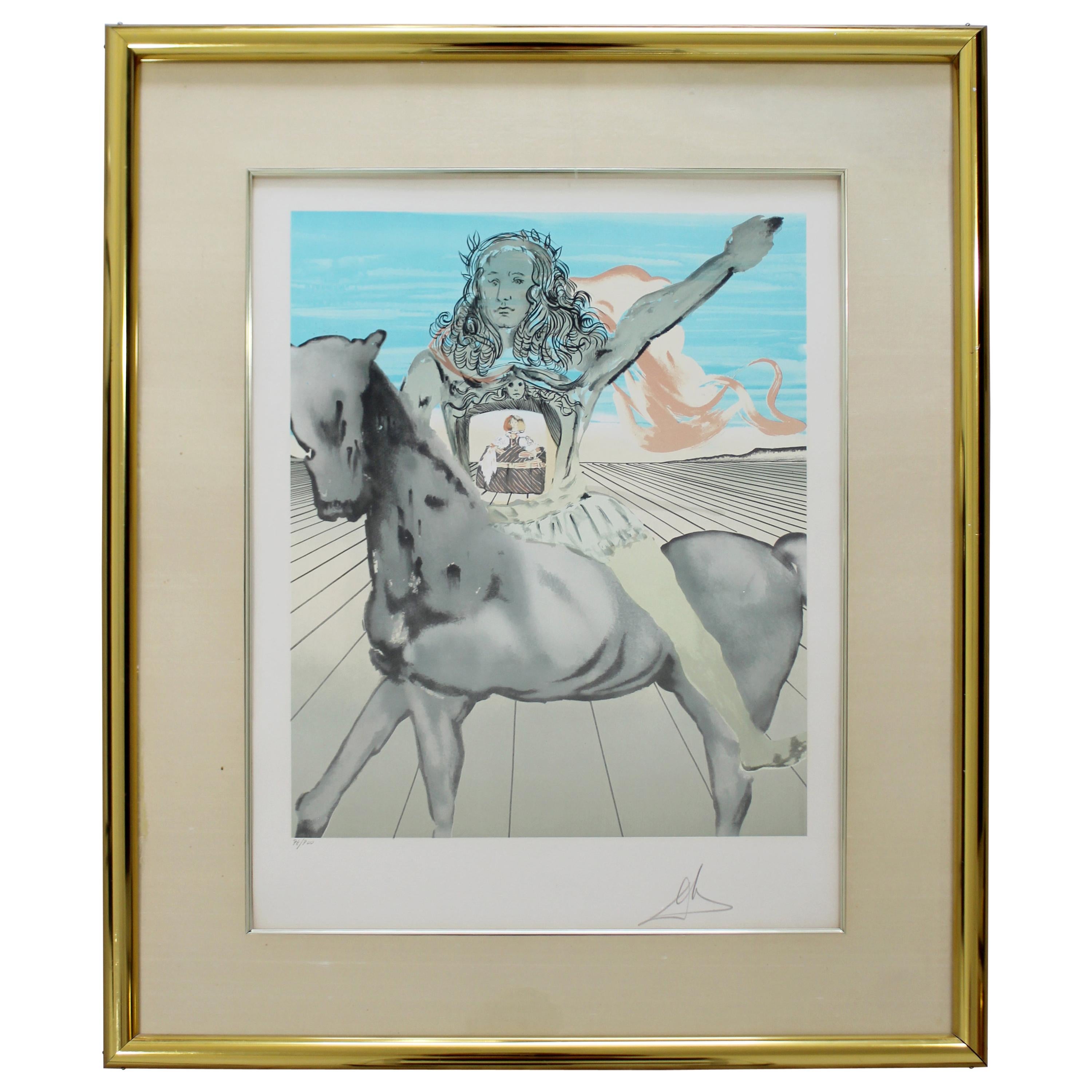 Mid-Century Modern Framed Salvador Dali Pencil Signed Etching Surrealist Knight