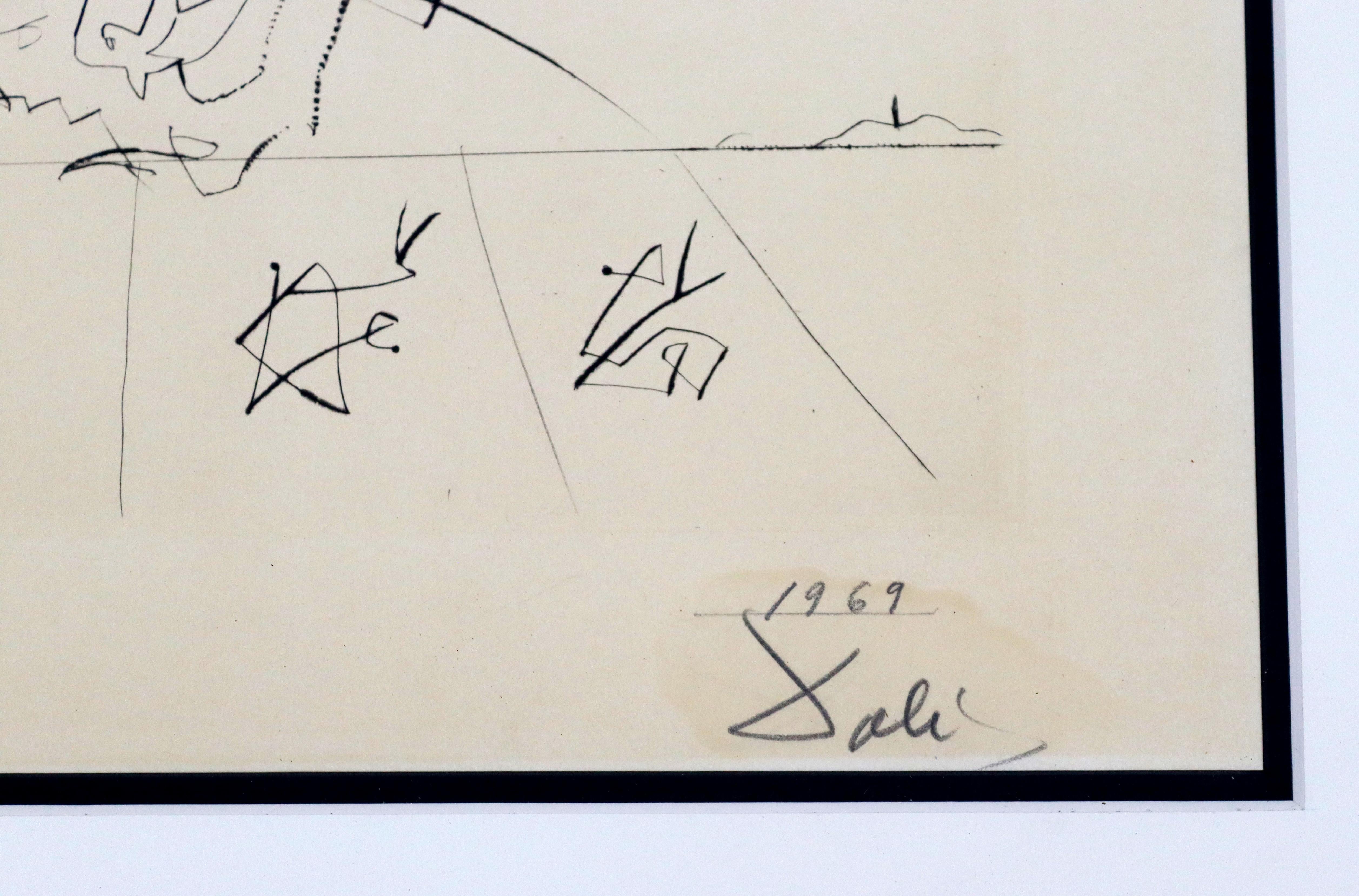 Paper Mid-Century Modern Framed Salvador Dali Signed Drypoint Etching 1960s Grenade