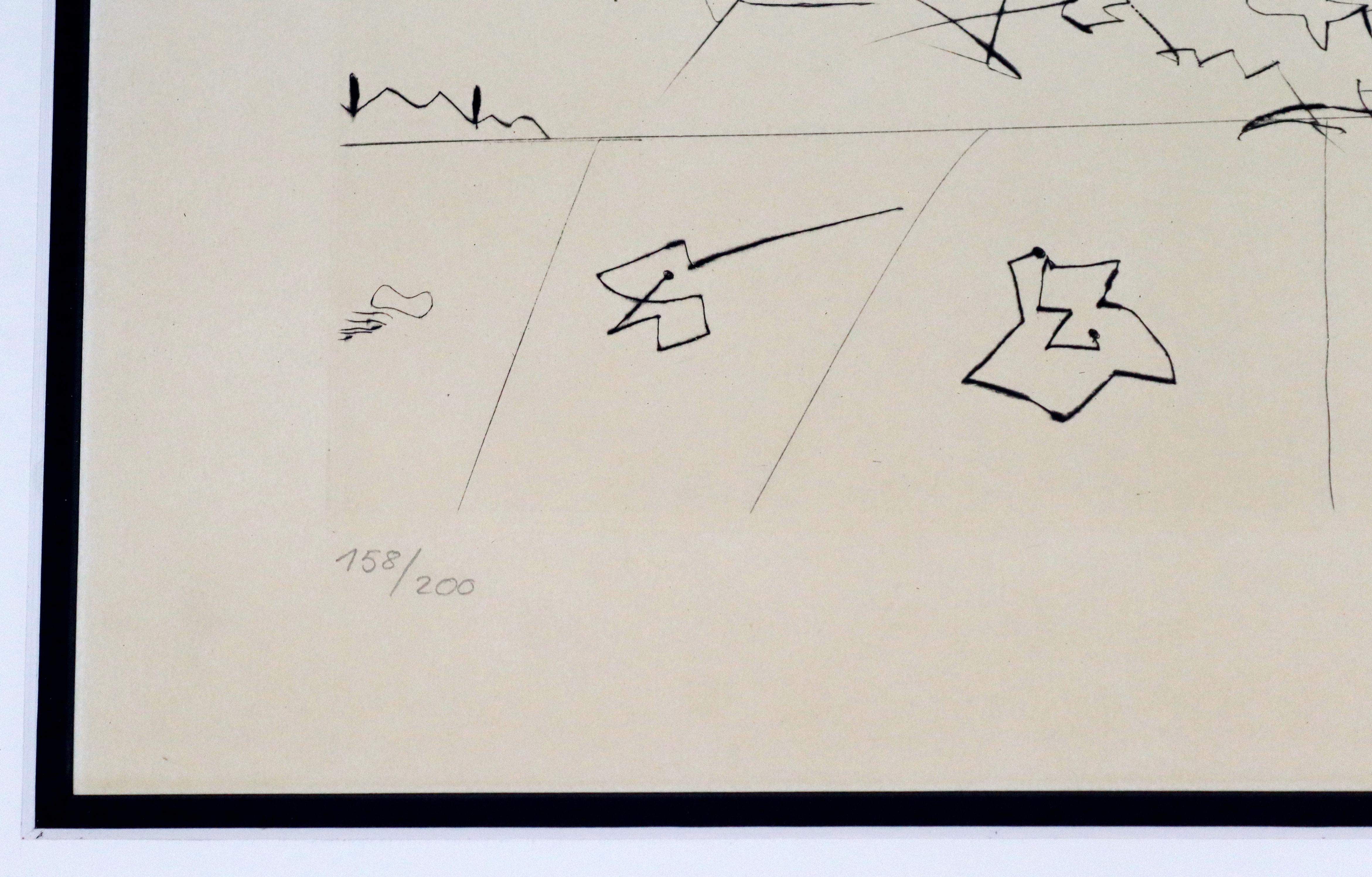 Mid-Century Modern Framed Salvador Dali Signed Drypoint Etching 1960s Grenade 1