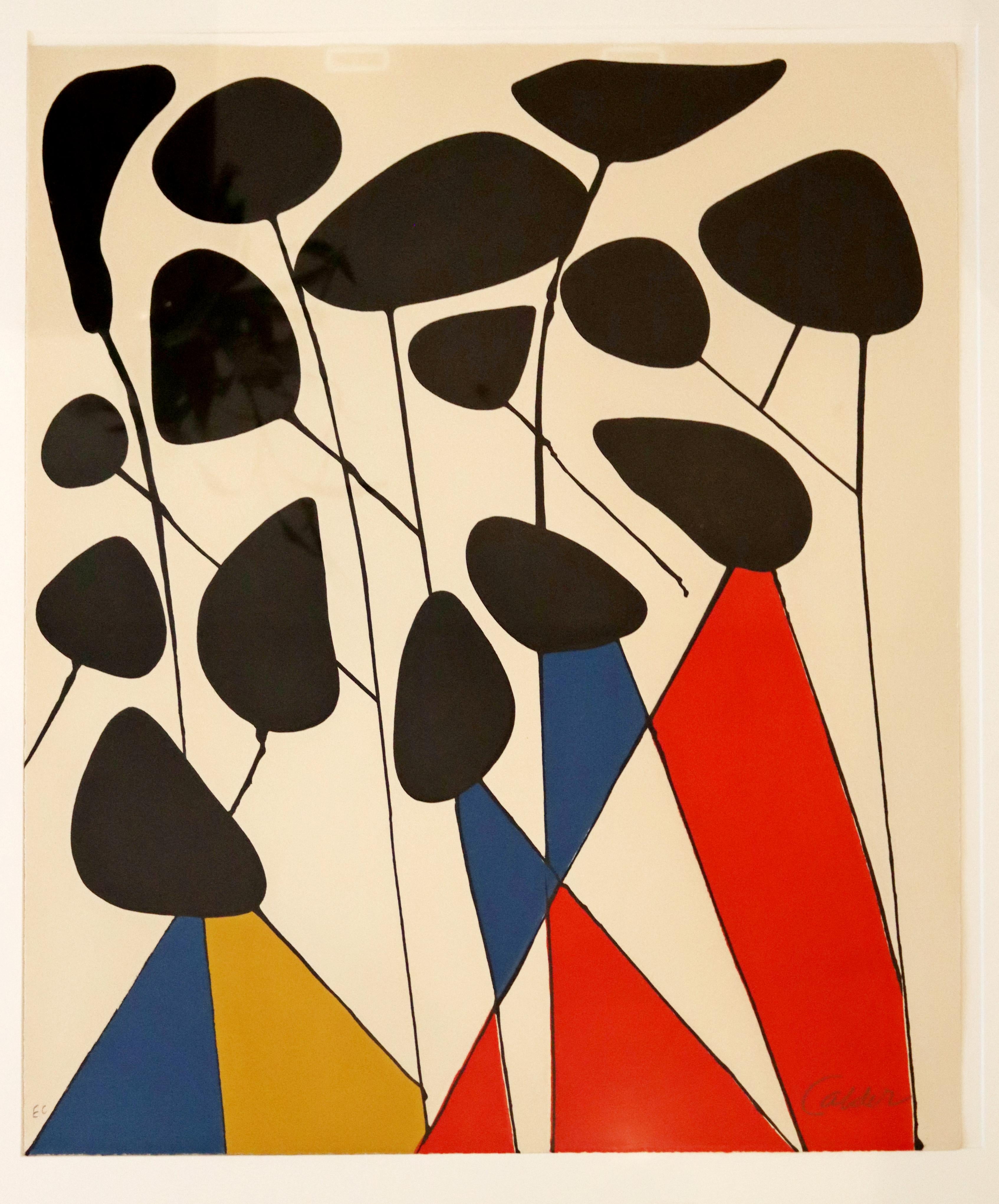 For your consideration is a wonderful, framed, E.C. lithograph, pencil signed by Alexander Calder. Series Magie Eolienne. In excellent condition, except for two marks of tape damage at the top. Matting will cover it. The dimensions of the frame are