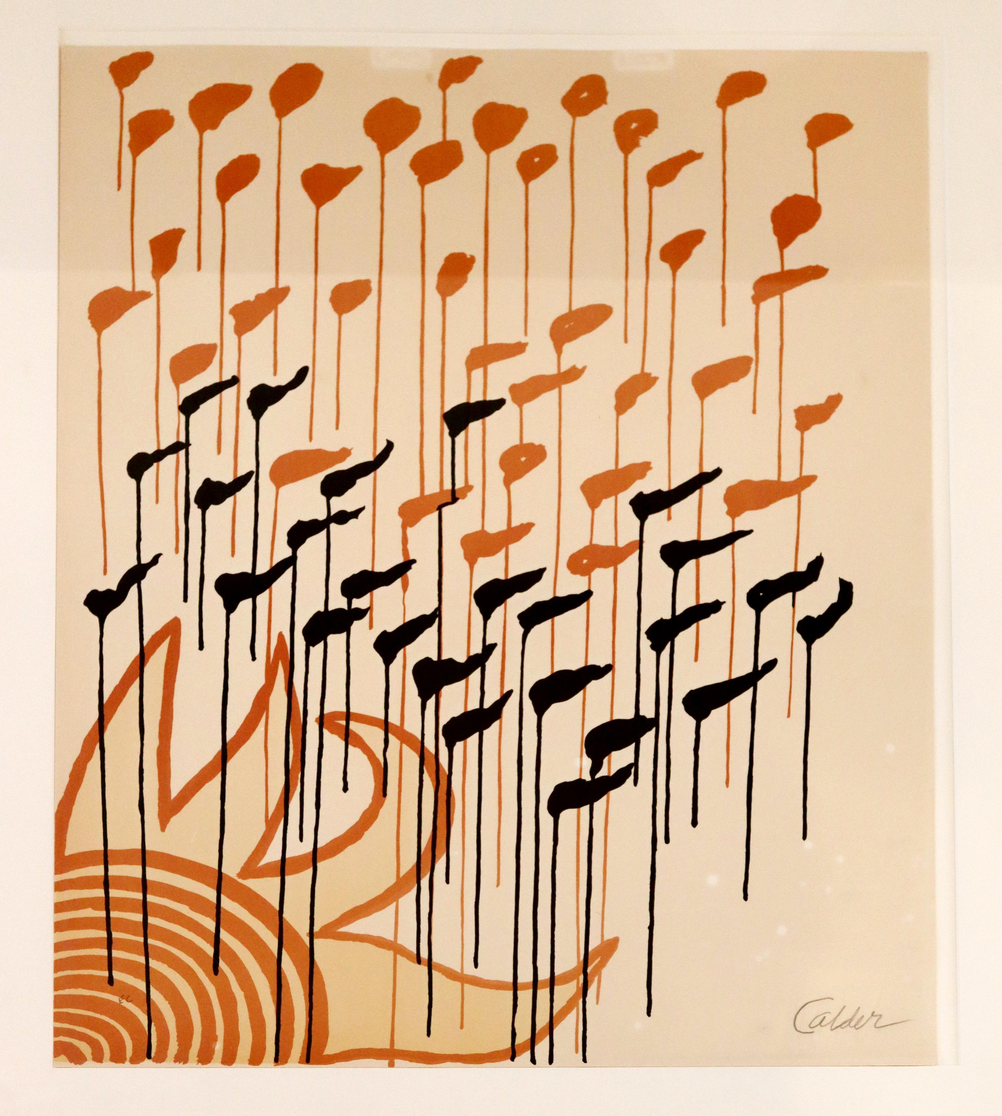 For your consideration is an entrancing, framed, E.C. lithograph, pencil signed by Alexander Calder. Series Magie Eolienne. In excellent condition, except for two marks of tape damage at the top. Matting will cover it. The dimensions of the frame