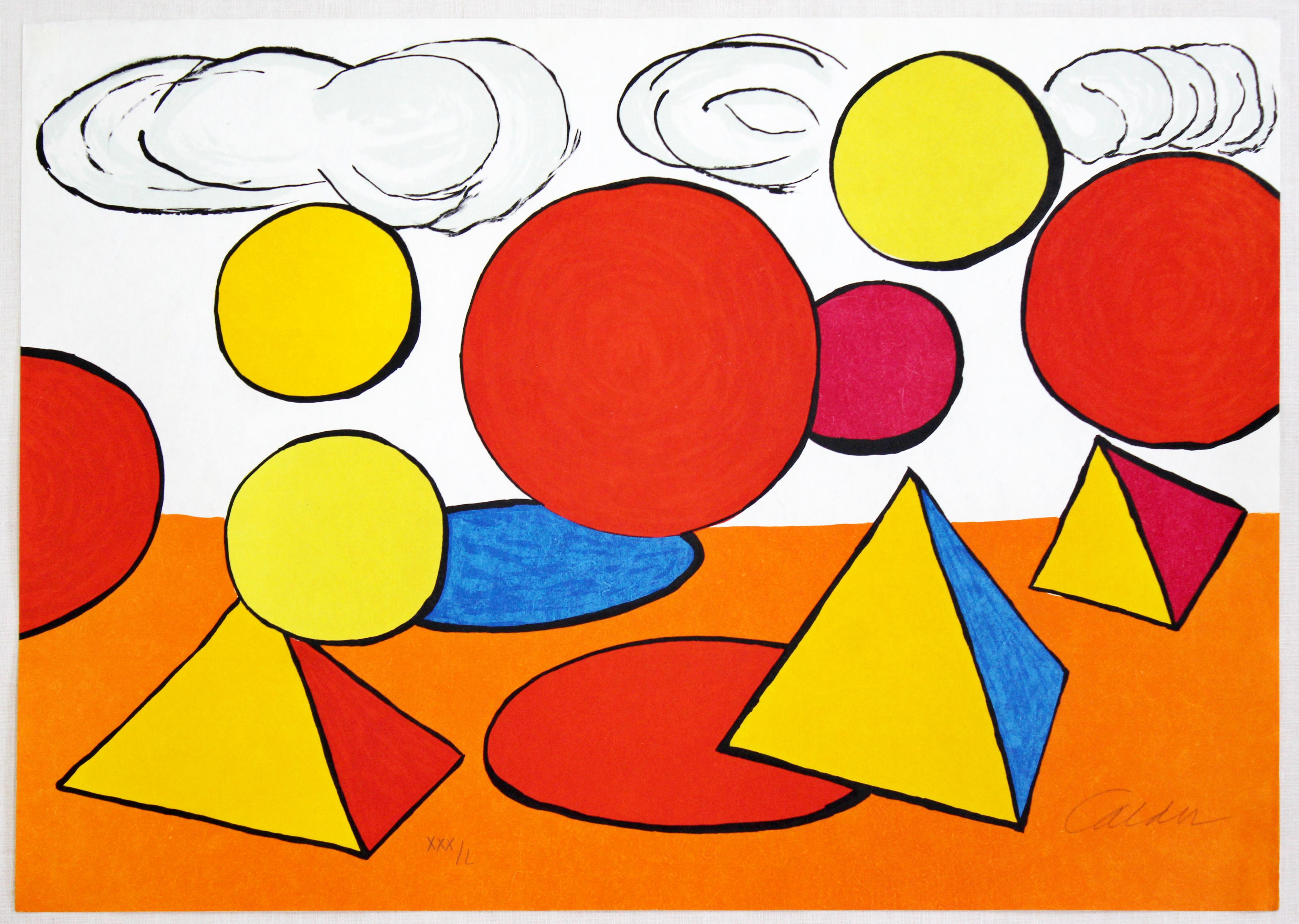 For your consideration is a captivating, framed lithograph Composition V, (from the elementary memory edition) pencil signed by Alexander Calder and numbered 30/50. In excellent condition. The dimensions are 34