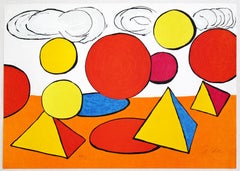 Mid-Century Modern Framed Signed Calder Pyramid Lithograph Orange Red Shapes