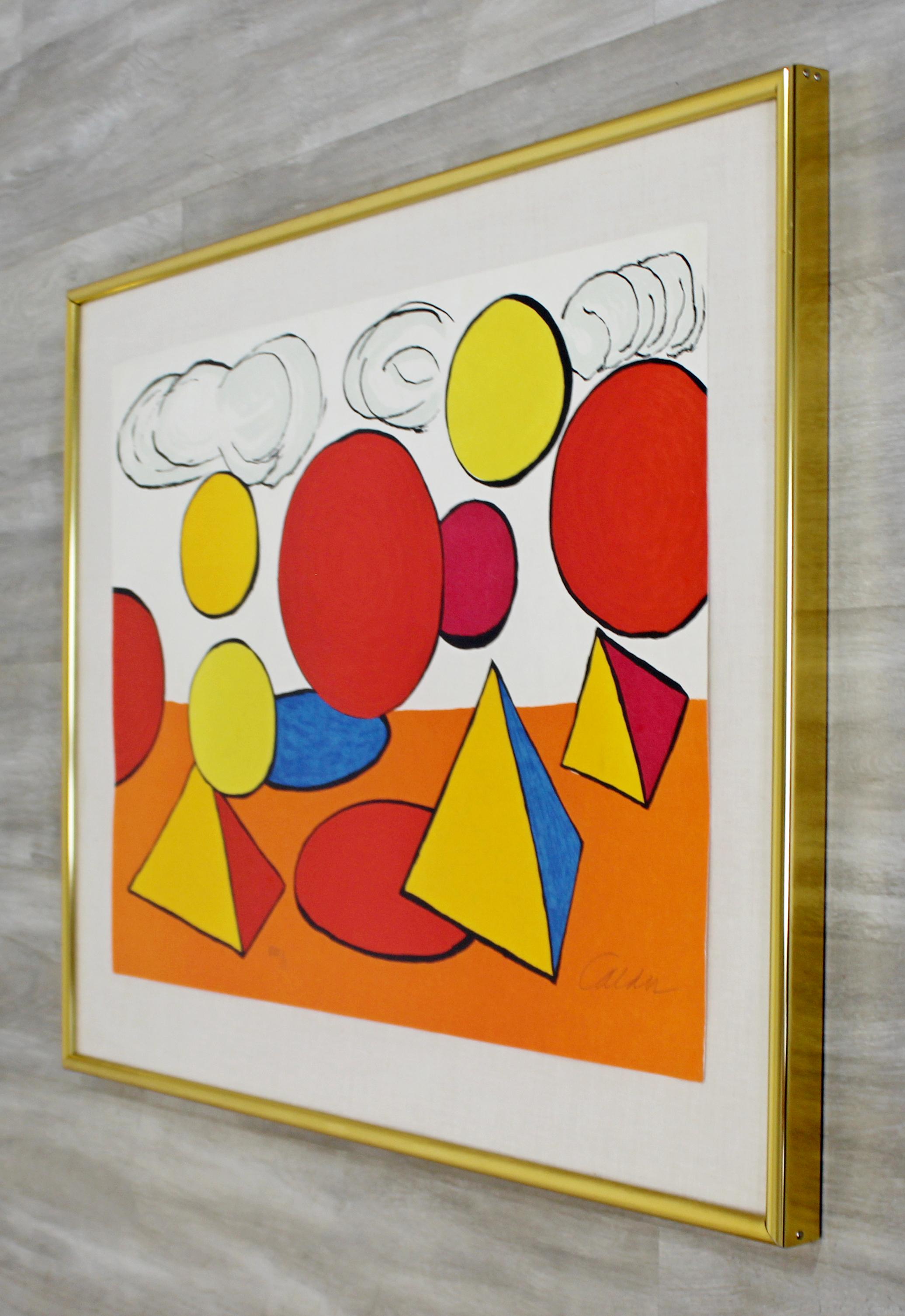 American Mid-Century Modern Framed Signed Calder Pyramid Lithograph Orange Red Shapes
