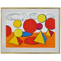 Mid-Century Modern Framed Signed Calder Pyramid Lithograph Orange Red Shapes