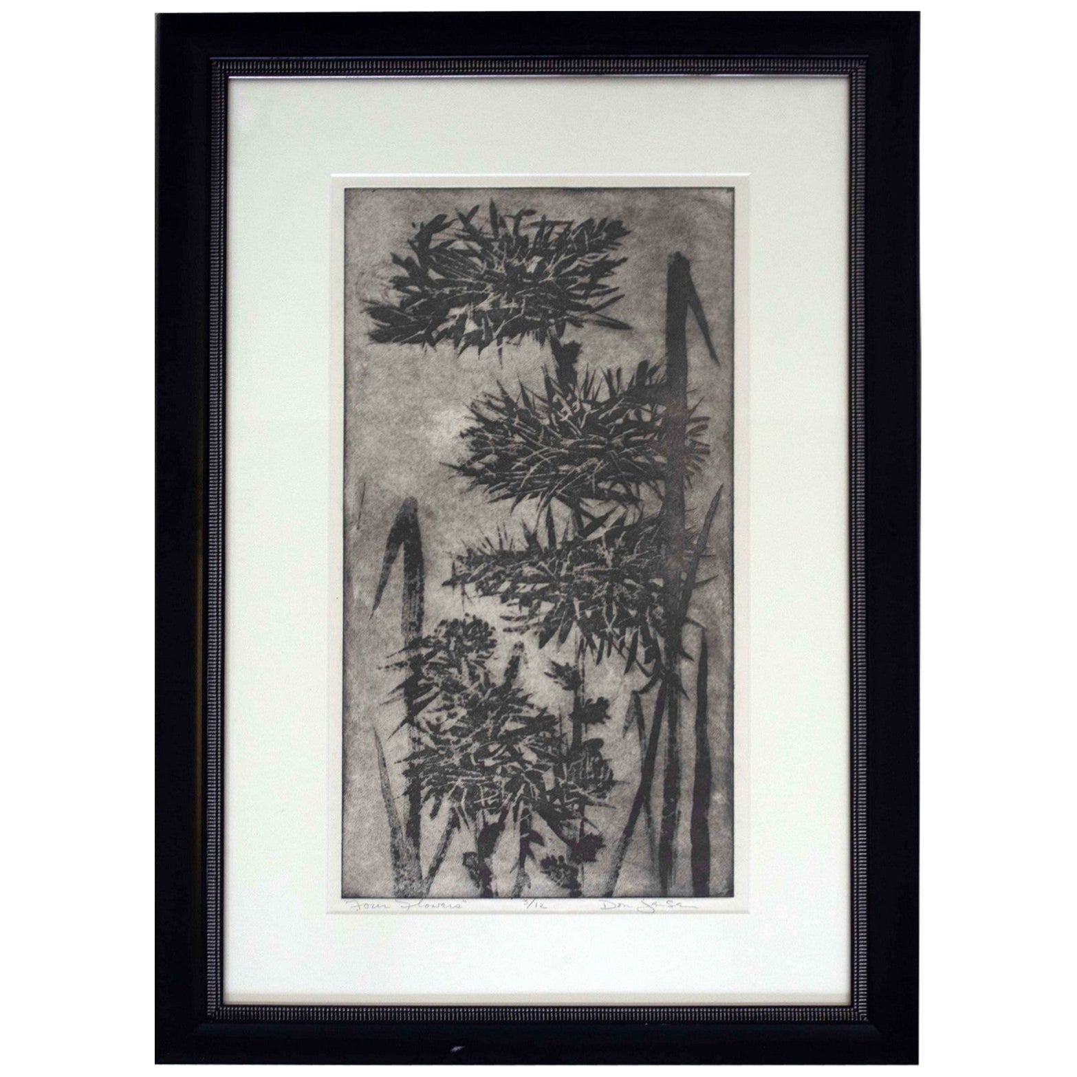 Mid-Century Modern Framed Signed Don Jensen Four Flowers Mezzotint Etching
