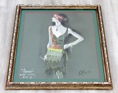 Mid-Century Modern Framed Signed La Vine Pastel Art Jimmy Flapper Girl, 1960s