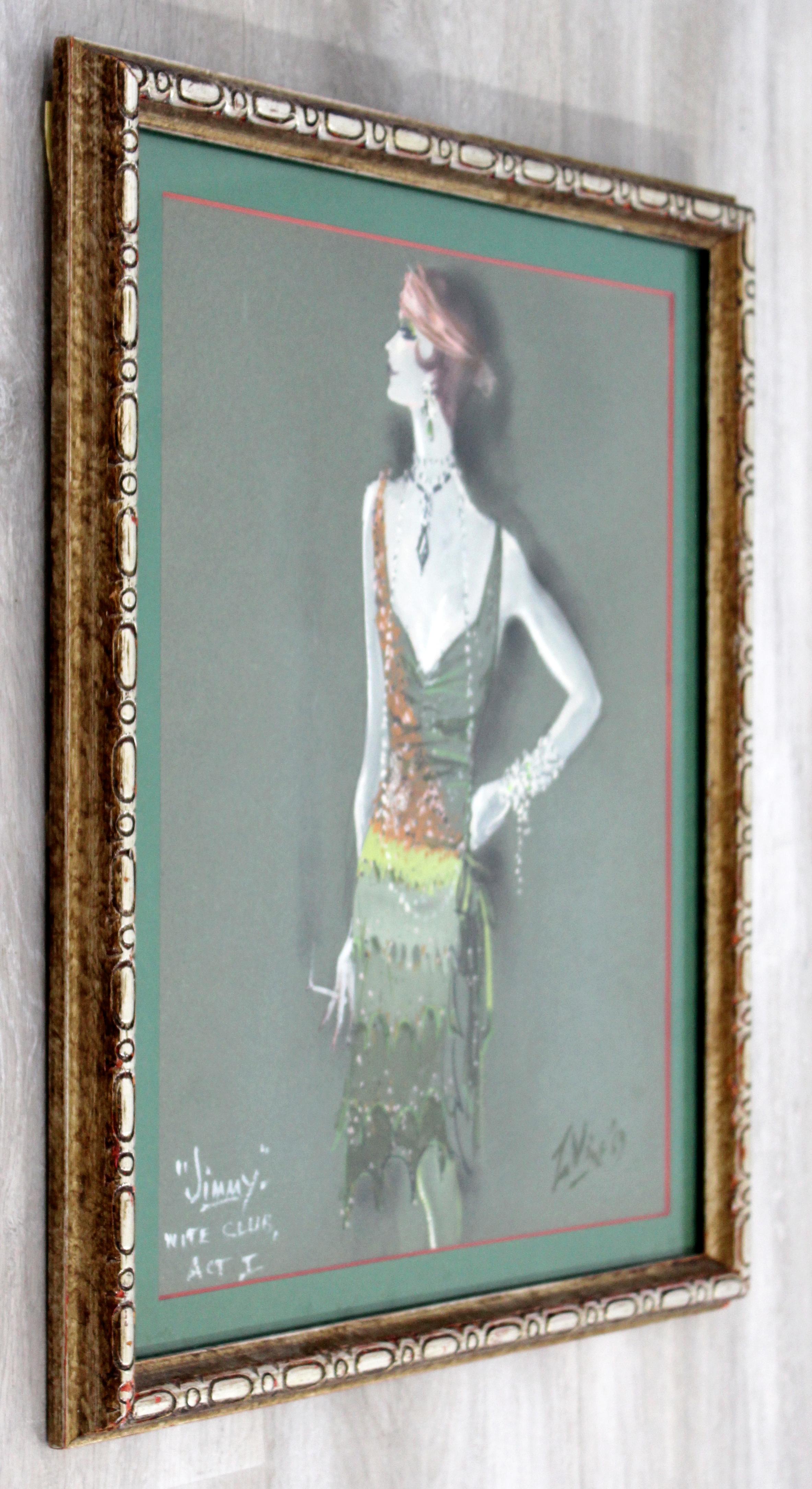 Mid-Century Modern Framed Signed La Vine Pastel Art Jimmy Flapper Girl, 1960s In Good Condition In Keego Harbor, MI