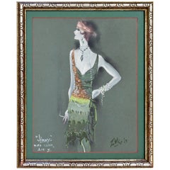 Mid-Century Modern Framed Signed La Vine Pastel Art Jimmy Flapper Girl, 1960s