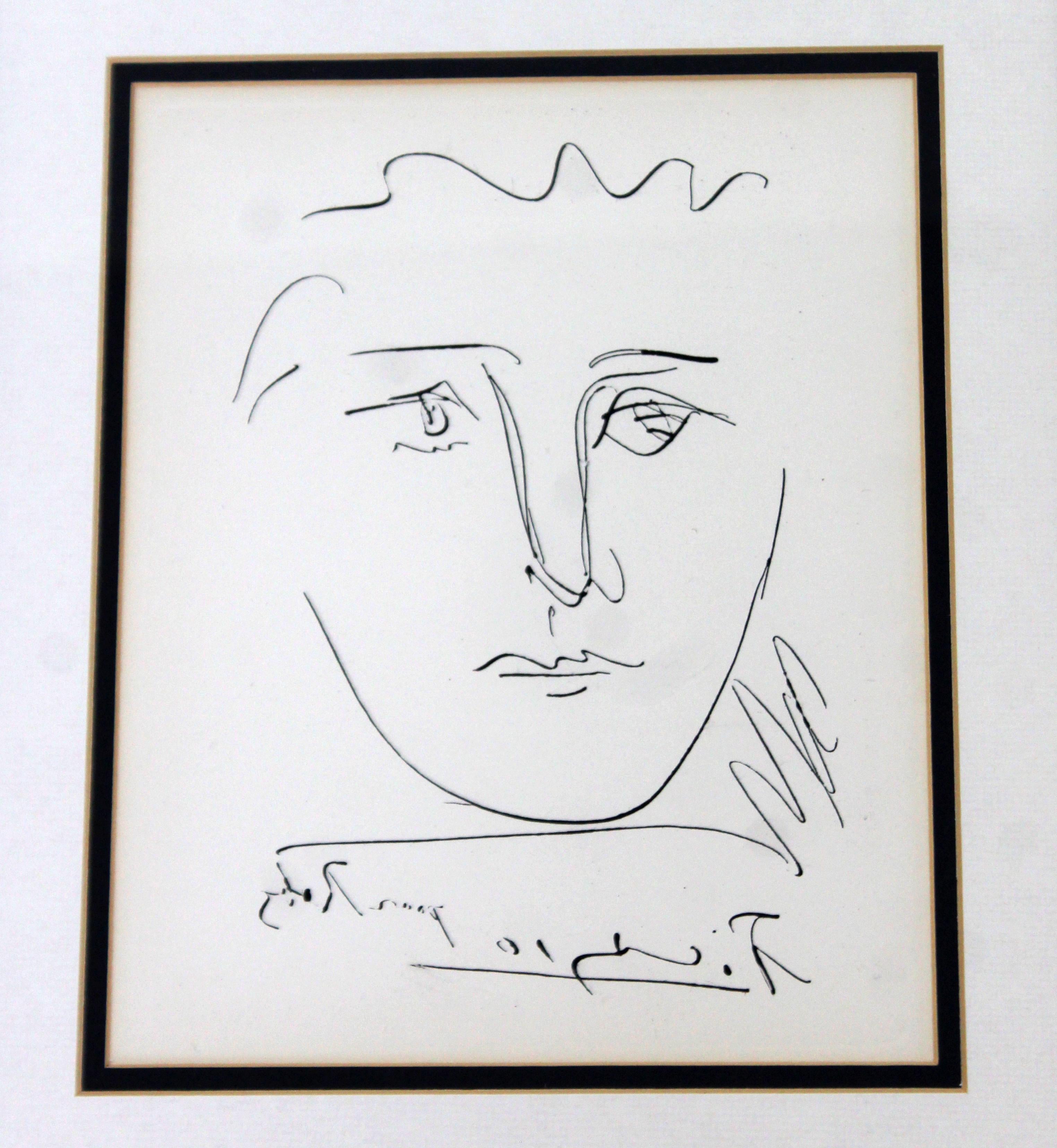 For your consideration, is an original, signed in plate etching, by Pablo Picasso, in black frame. Picasso is best known for printmaking, paintings, ceramics and as a poet who spent most of his adult life in France. In excellent condition. Measures:
