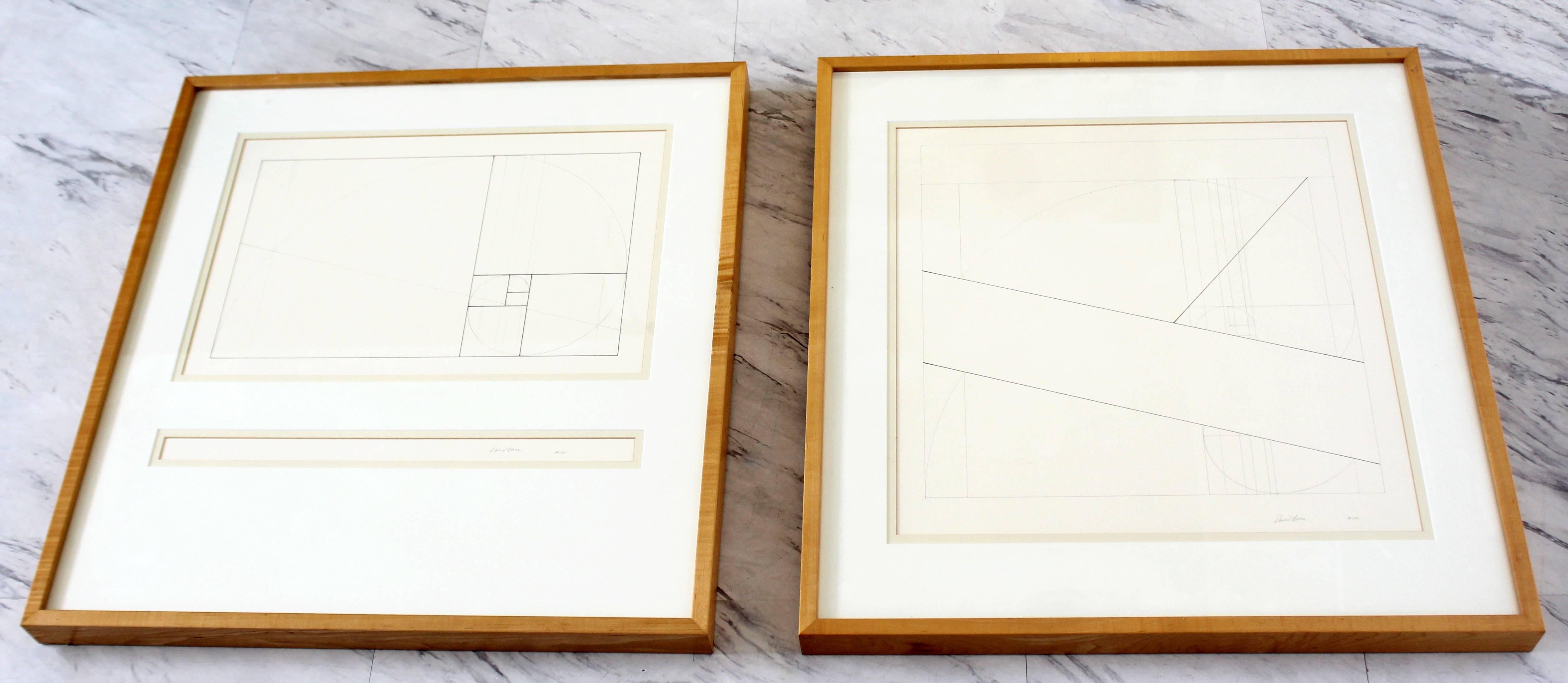 For your consideration is a set of three framed, geometrical prints, signed by David Barr, #170. In excellent condition. The dimensions of each are 26