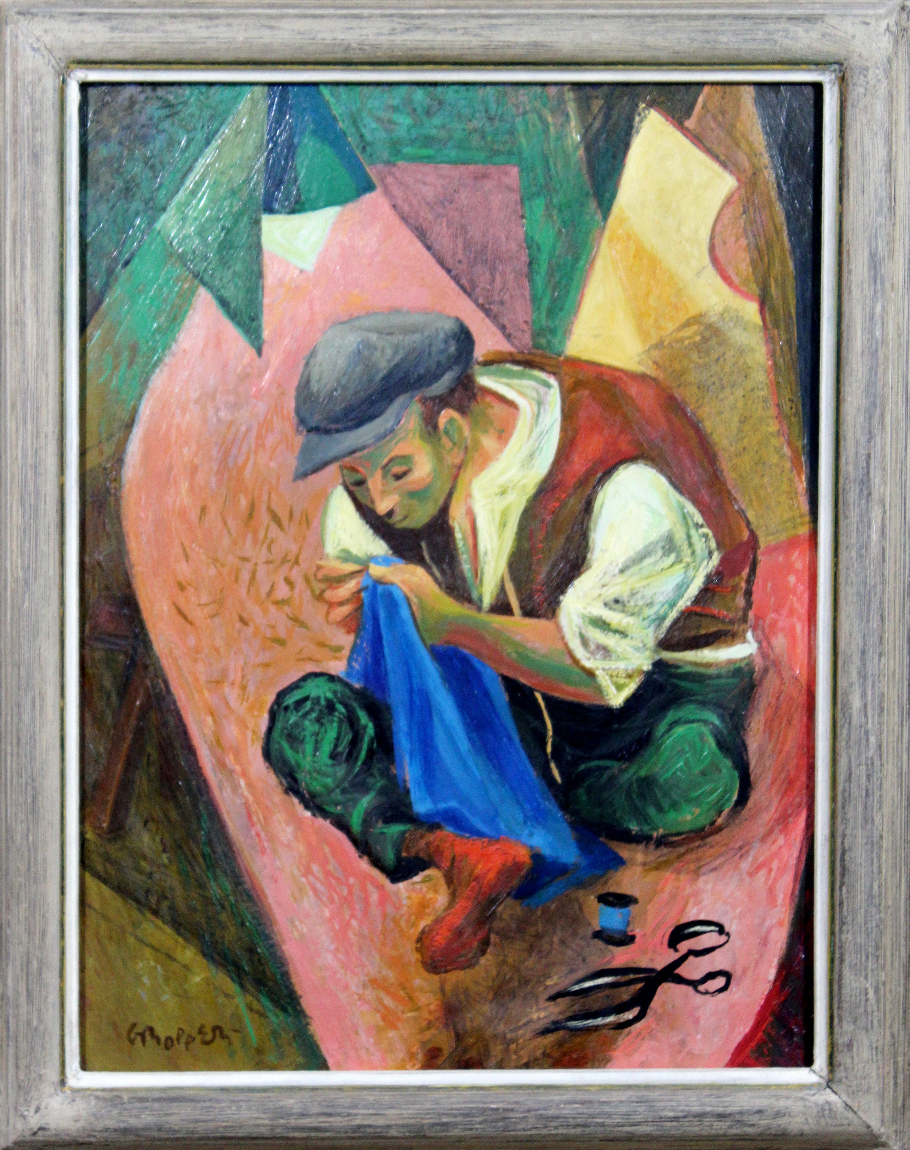 For your consideration is a vibrant, framed oil on board painting, of a man sewing, signed by William Gropper. In excellent condition. The dimensions of the frame are 19.5