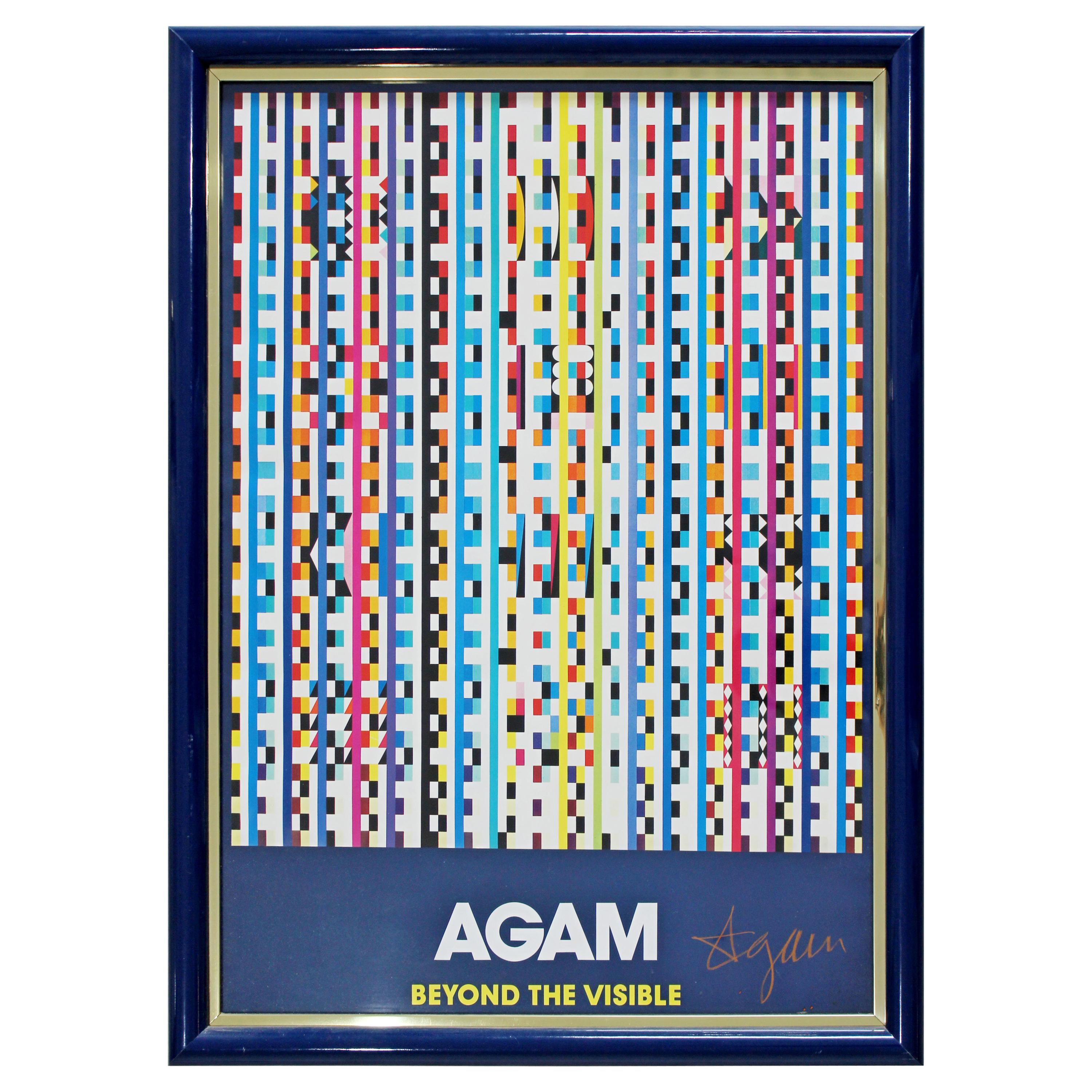 Mid-Century Modern Framed Signed Yaacov Agam Pop Op Art Poster Blue with COA