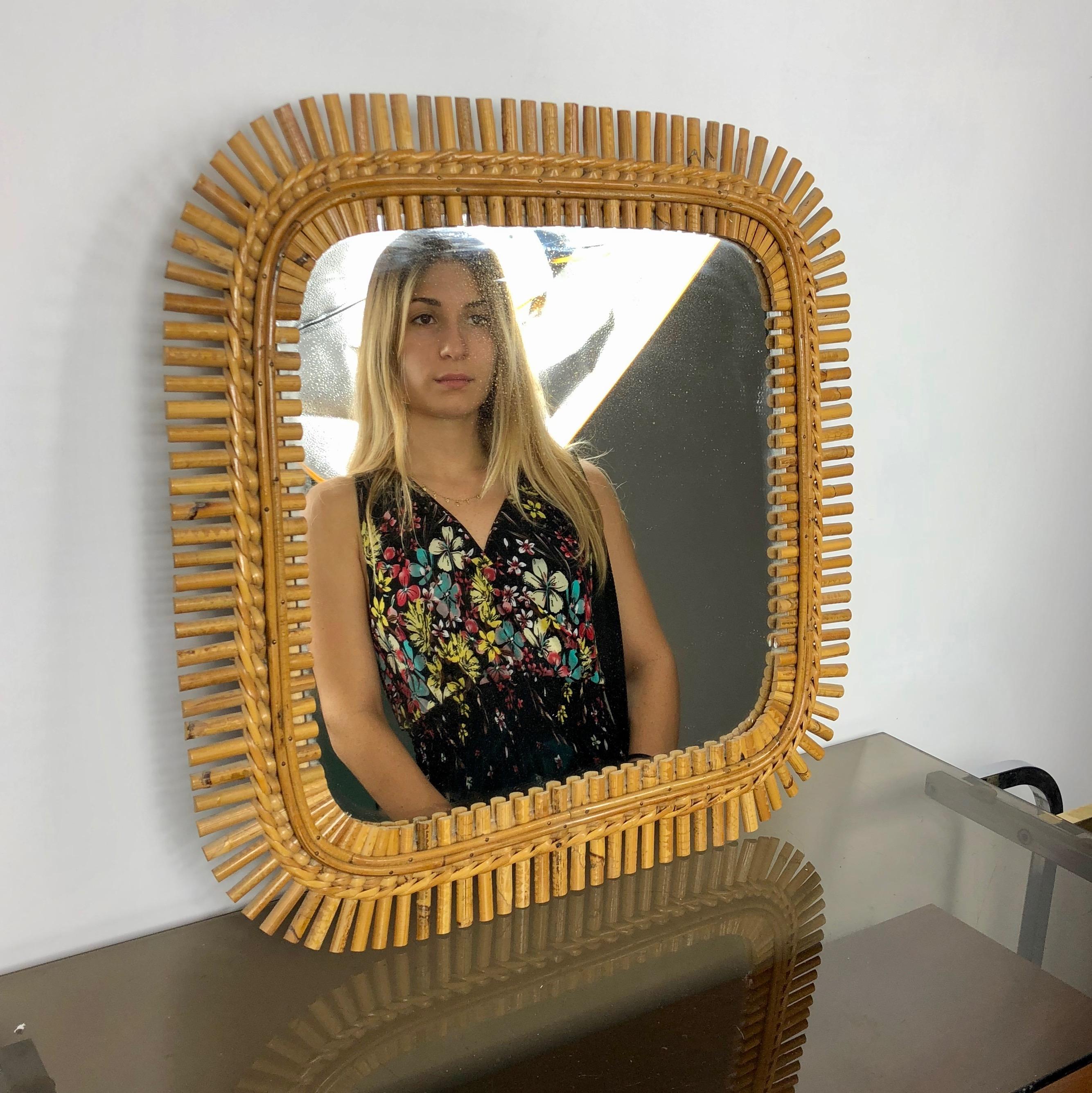 Italian Mid-Century Modern Franco Albini Bonacina Rattan and Bamboo Mirror, Italy, 1960s
