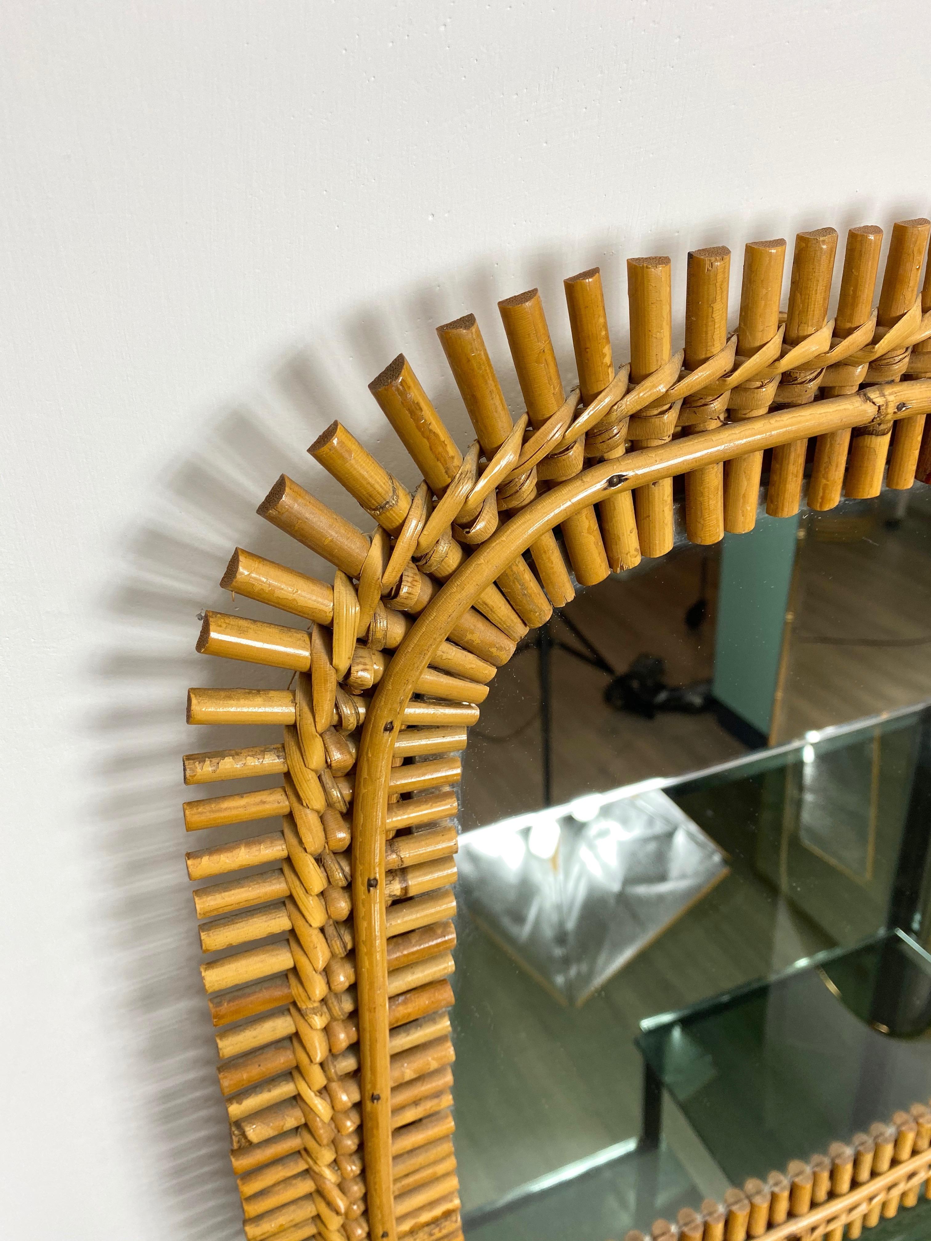 Italian Mid-Century Modern Franco Albini Style Rattan and Bamboo Mirror, Italy, 1960s