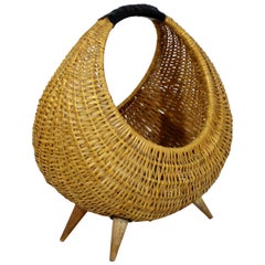 Mid-Century Modern Franco Albini Italian Rattan Wicker Leather Magazine Basket