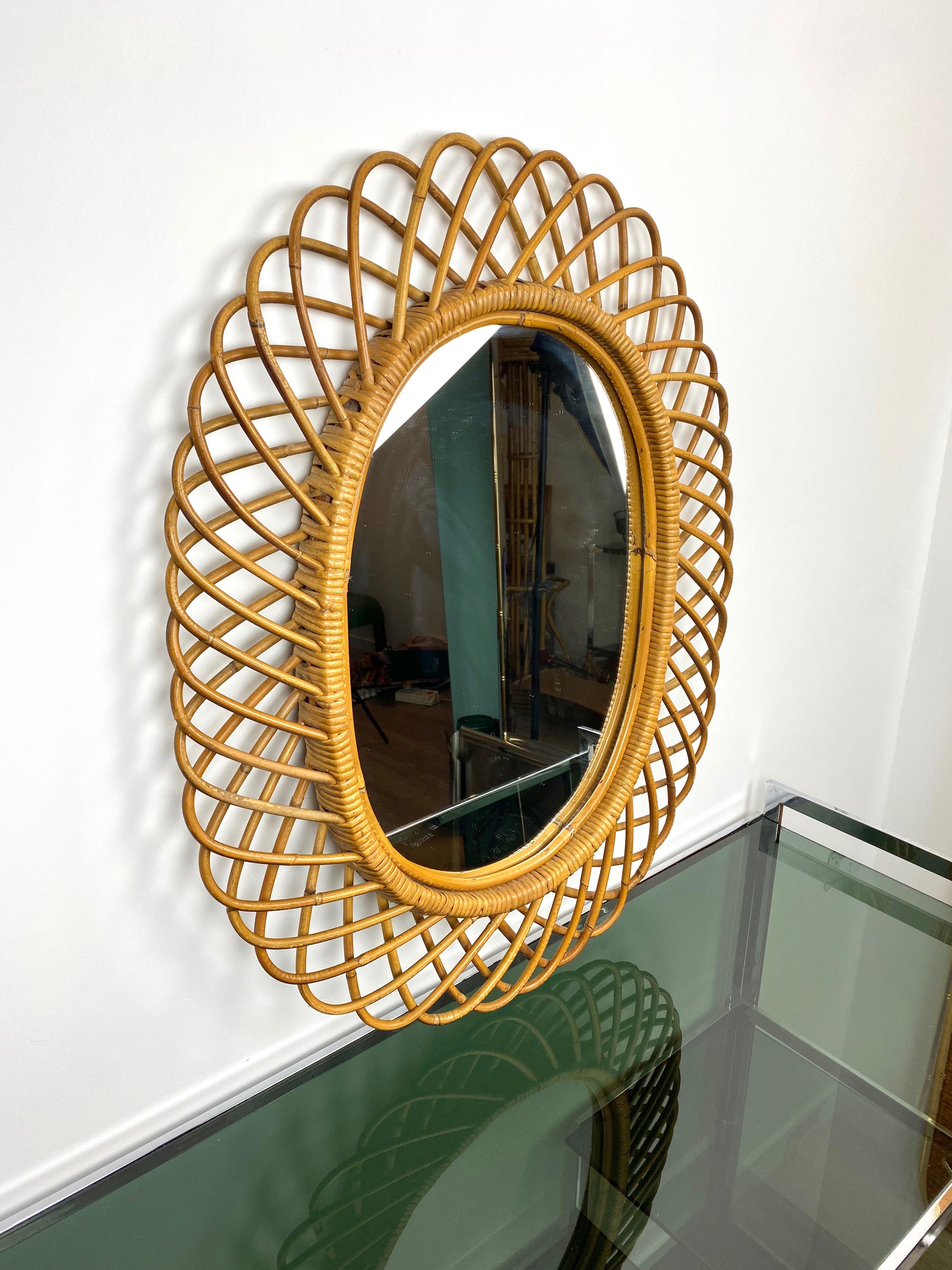Large midcentury Italian Riviera rattan and bamboo oval mirror, Italy, 1960s.