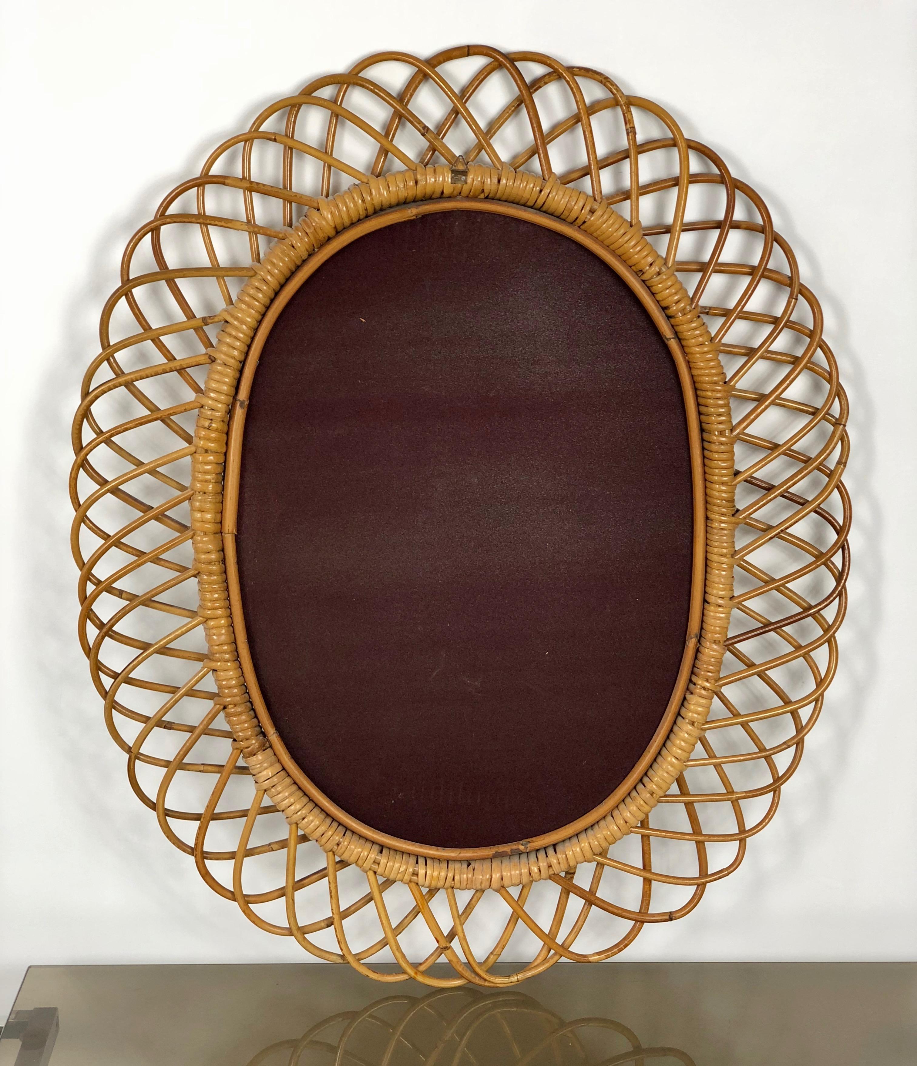 Italian Mid-Century Modern Rattan and Bamboo Oval Mirror, Italy, 1960s