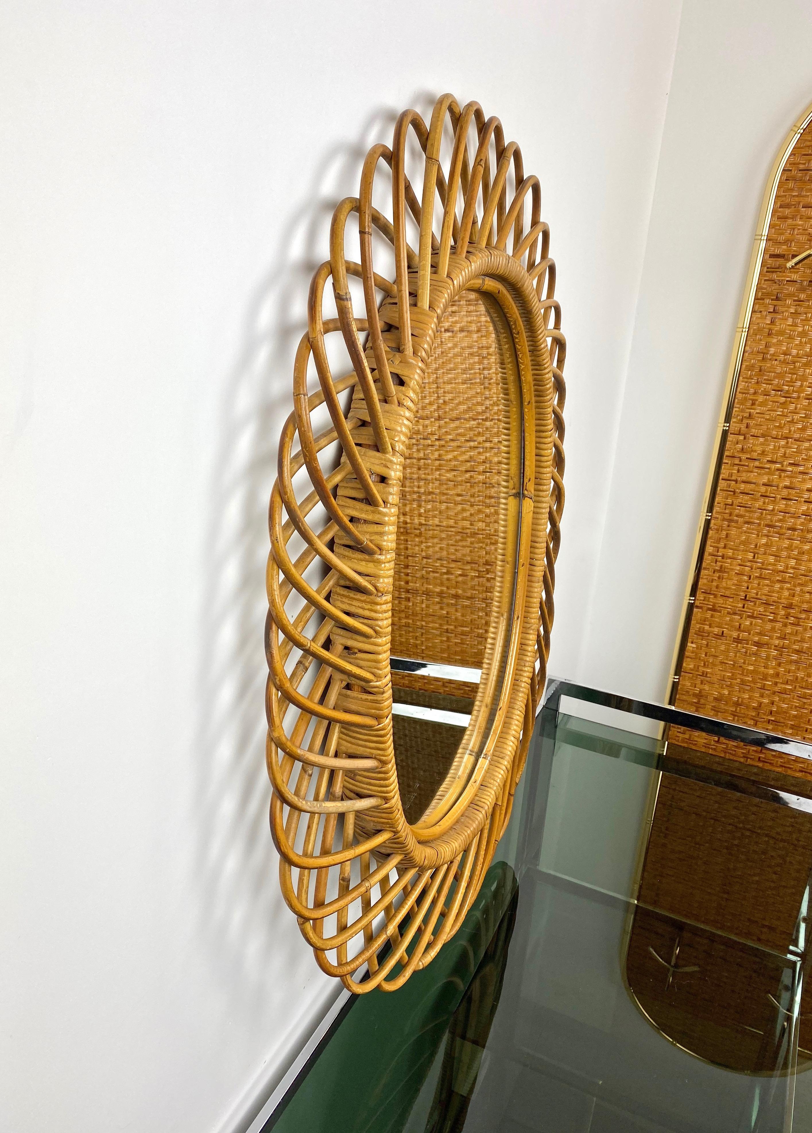 Italian Mid-Century Modern Rattan and Bamboo Oval Mirror, Italy, 1960s