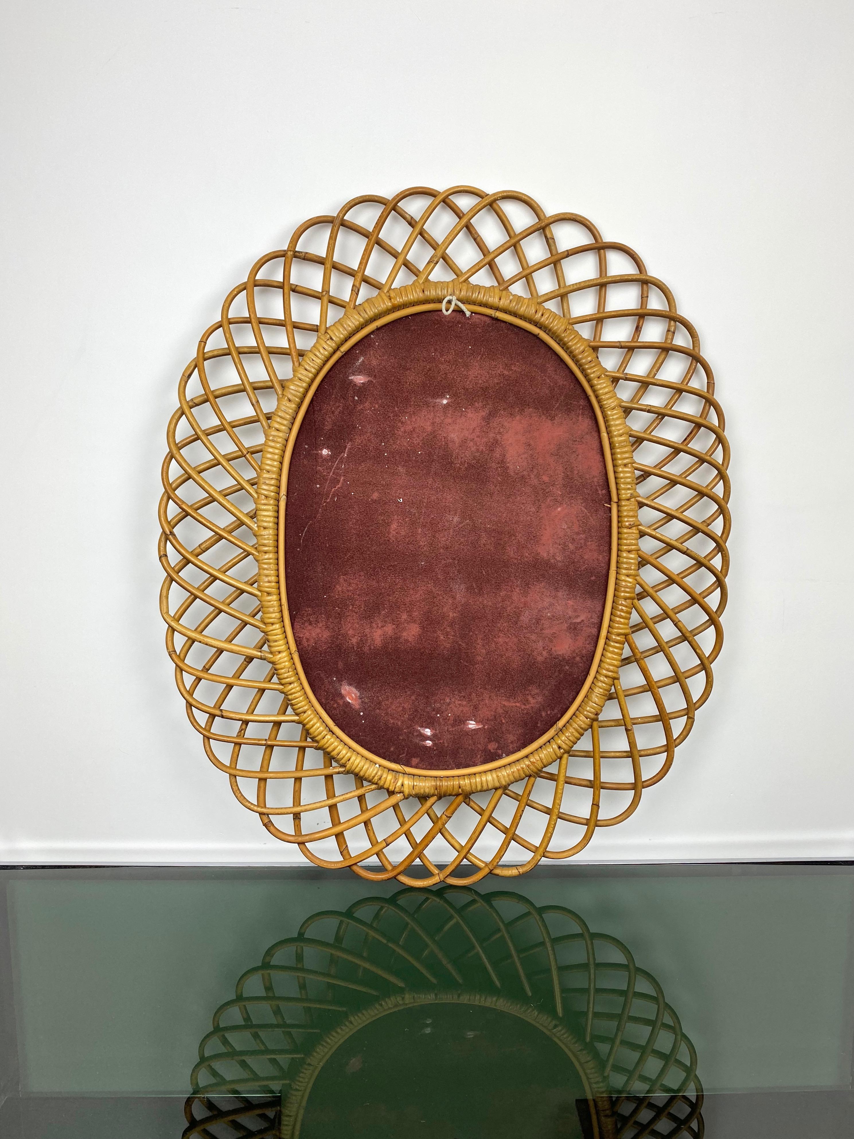 Mid-20th Century Mid-Century Modern Rattan and Bamboo Oval Mirror, Italy, 1960s