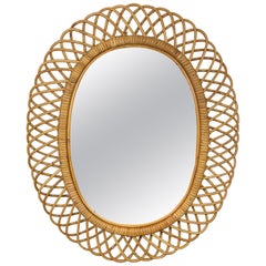 Mid-Century Modern Franco Albini Rattan and Bamboo Oval Mirror, Italy, 1960s
