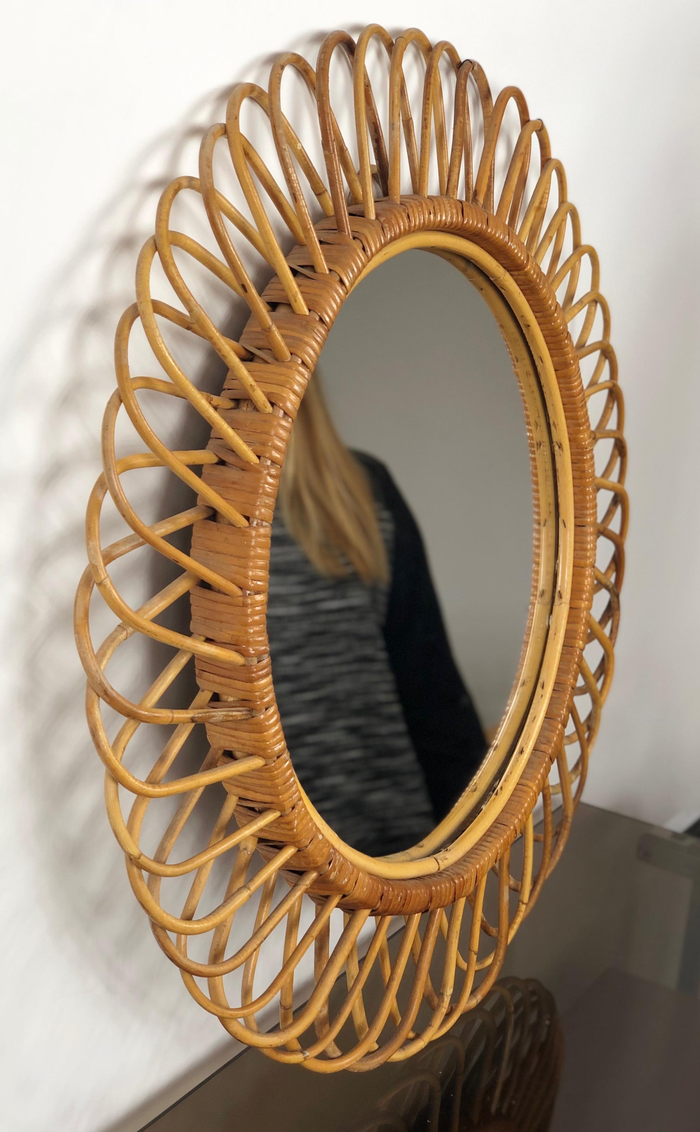 Mid-Century Modern Franco Albini Rattan and Bamboo Round Mirror, Italy, 1960s In Good Condition In Rome, IT