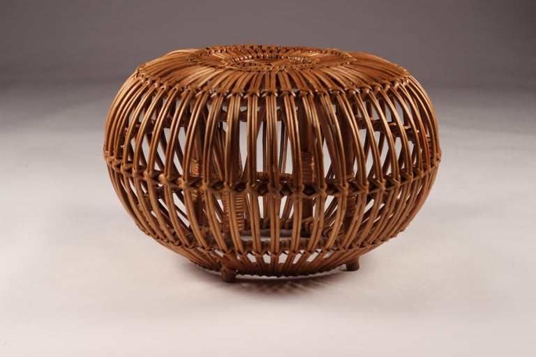 Boho Chic Style Wicker & Cane Ottoman, Stool or Side Table made in Italy 1950’s For Sale 5