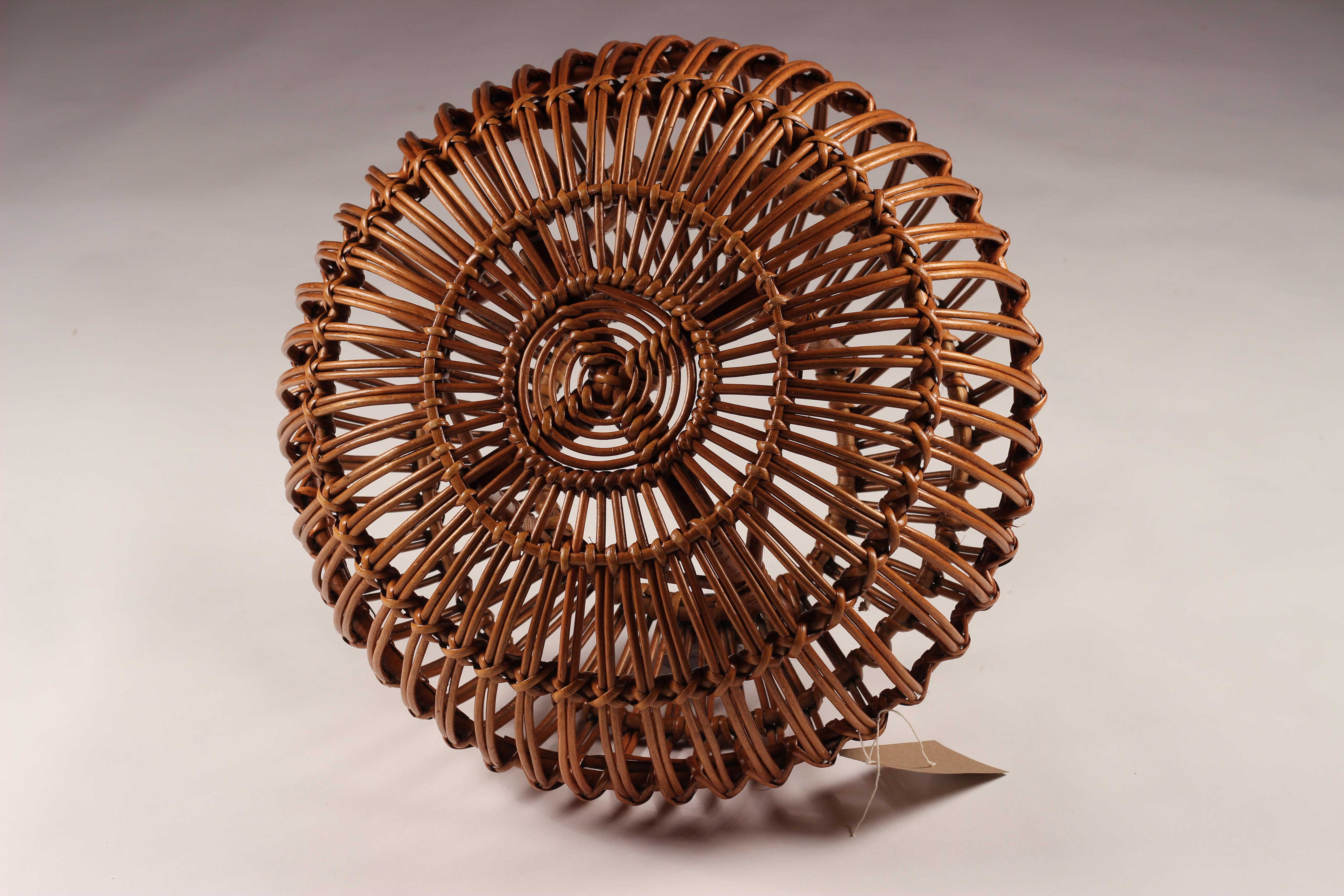 Italian Mid Century Wicker and Cane Ottoman, Stool or Side Table