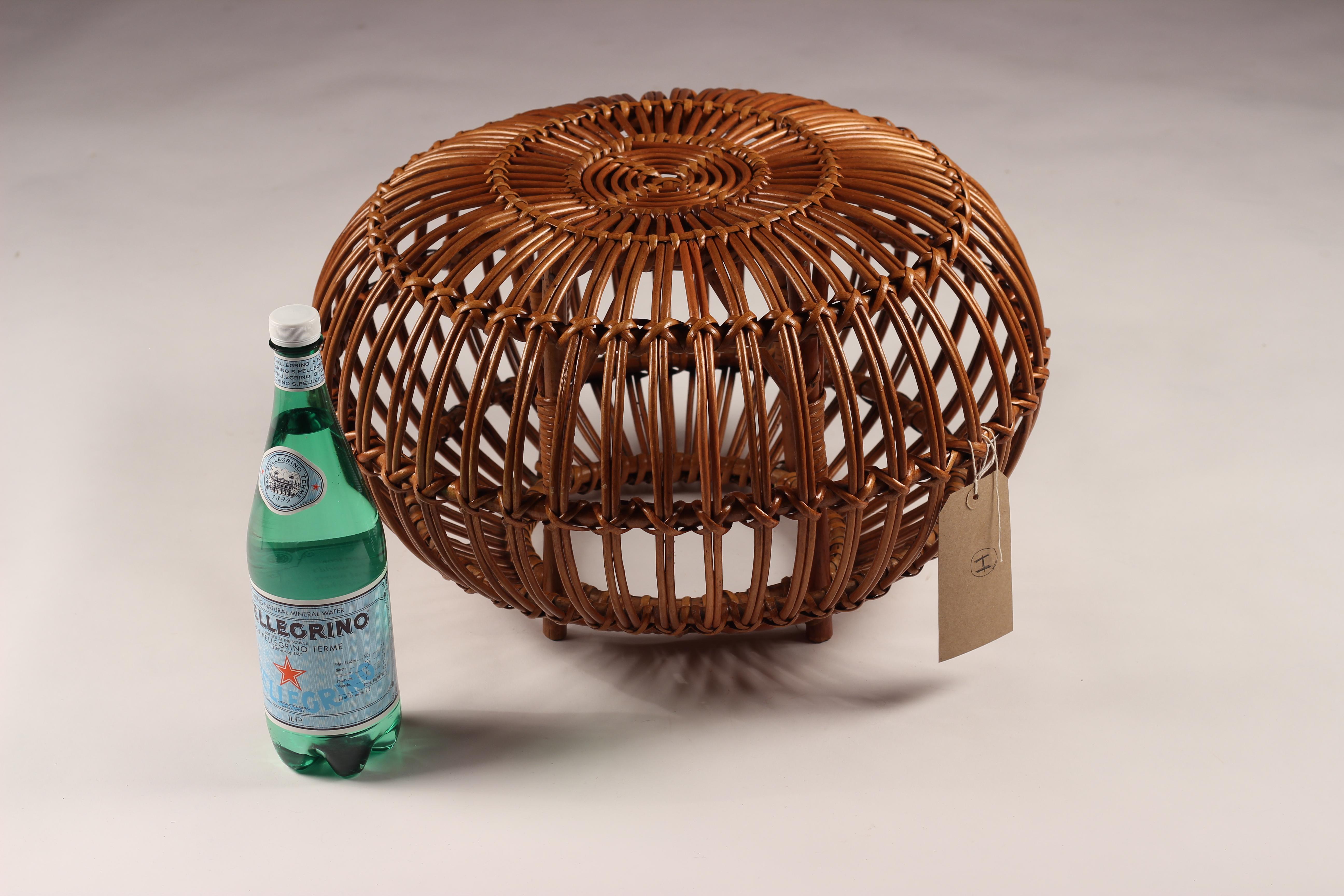 20th Century Mid Century Wicker and Cane Ottoman, Stool or Side Table For Sale