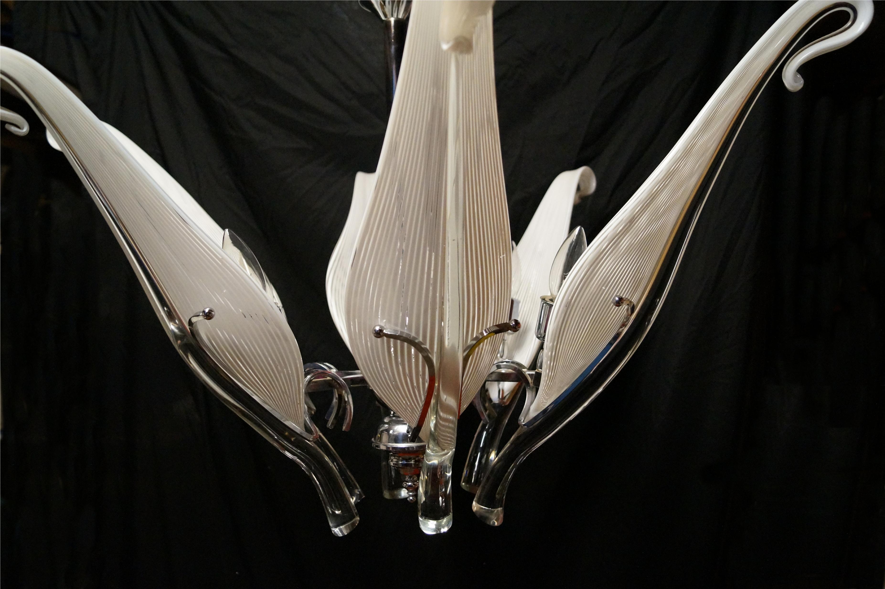 Mid-Century Modern Franco Luce Murano Glass Chrome Six Arm Leaf Lily Chandelier For Sale 4