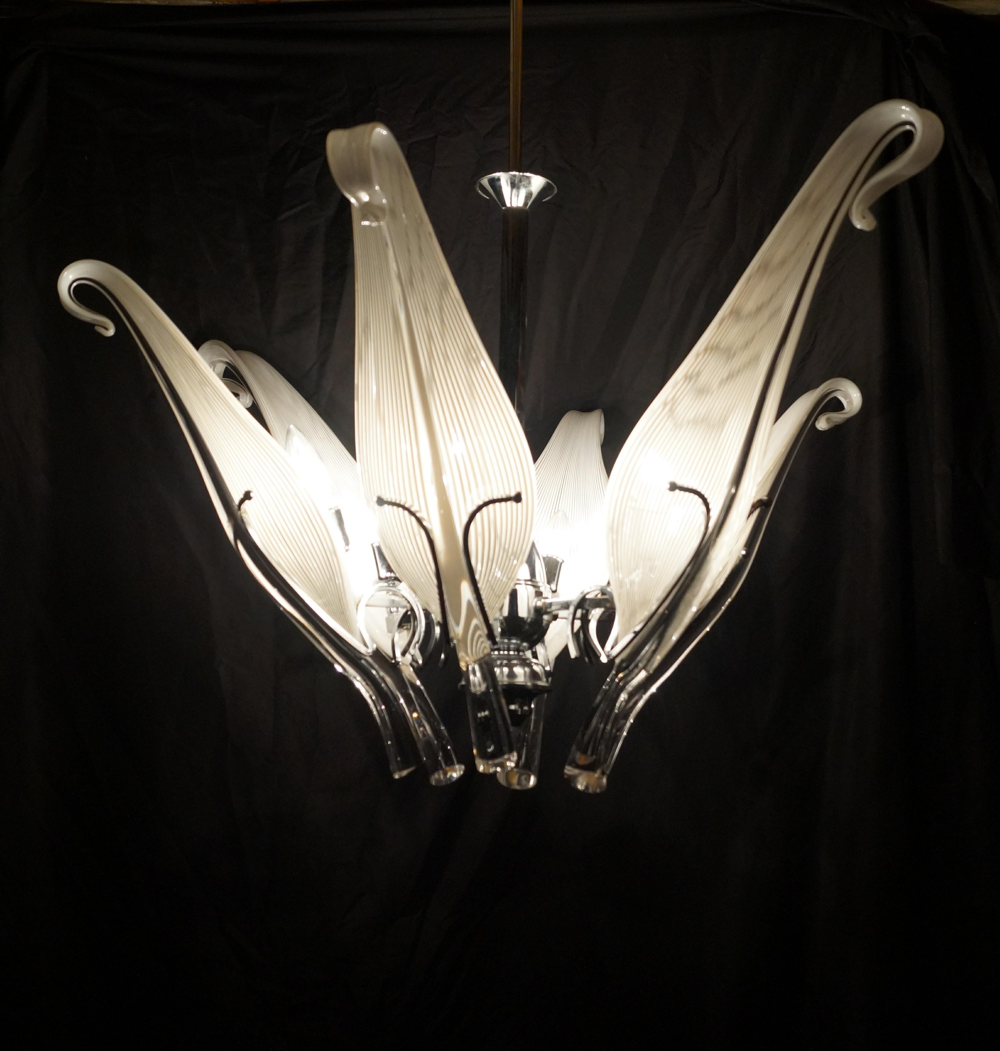 Italian Mid-Century Modern Franco Luce Murano Glass Chrome Six Arm Leaf Lily Chandelier For Sale