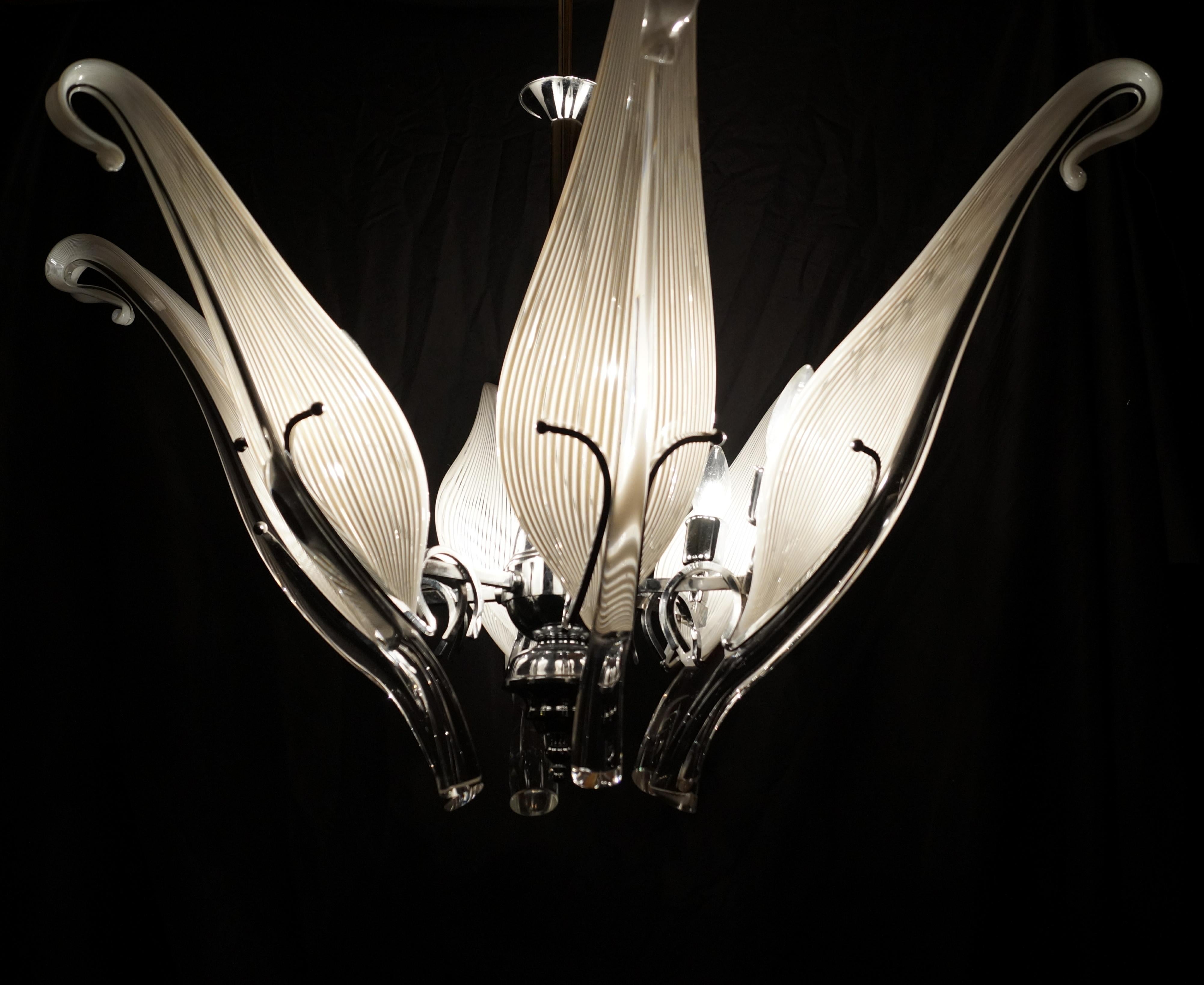Late 20th Century Mid-Century Modern Franco Luce Murano Glass Chrome Six Arm Leaf Lily Chandelier For Sale