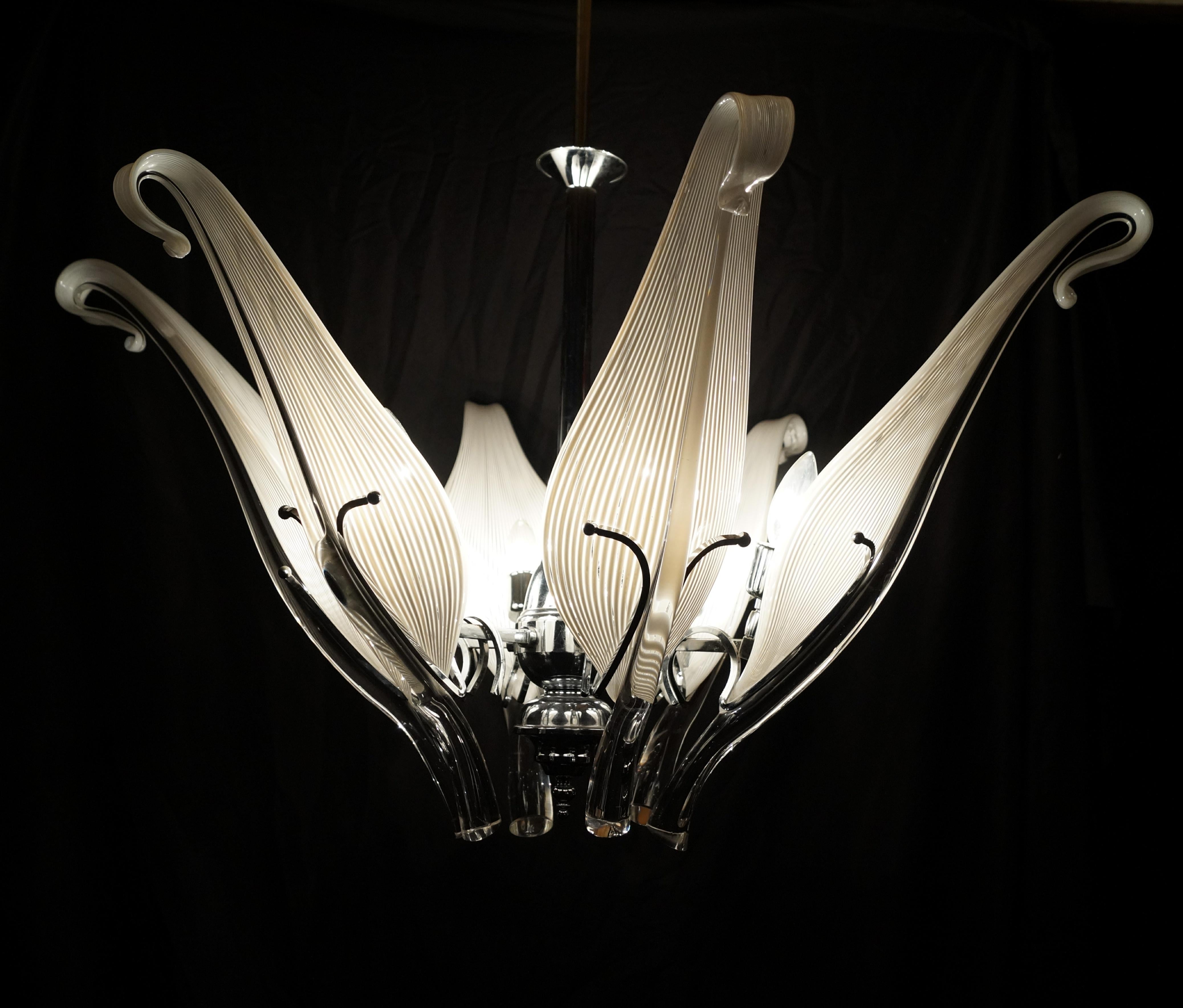 Blown Glass Mid-Century Modern Franco Luce Murano Glass Chrome Six Arm Leaf Lily Chandelier For Sale