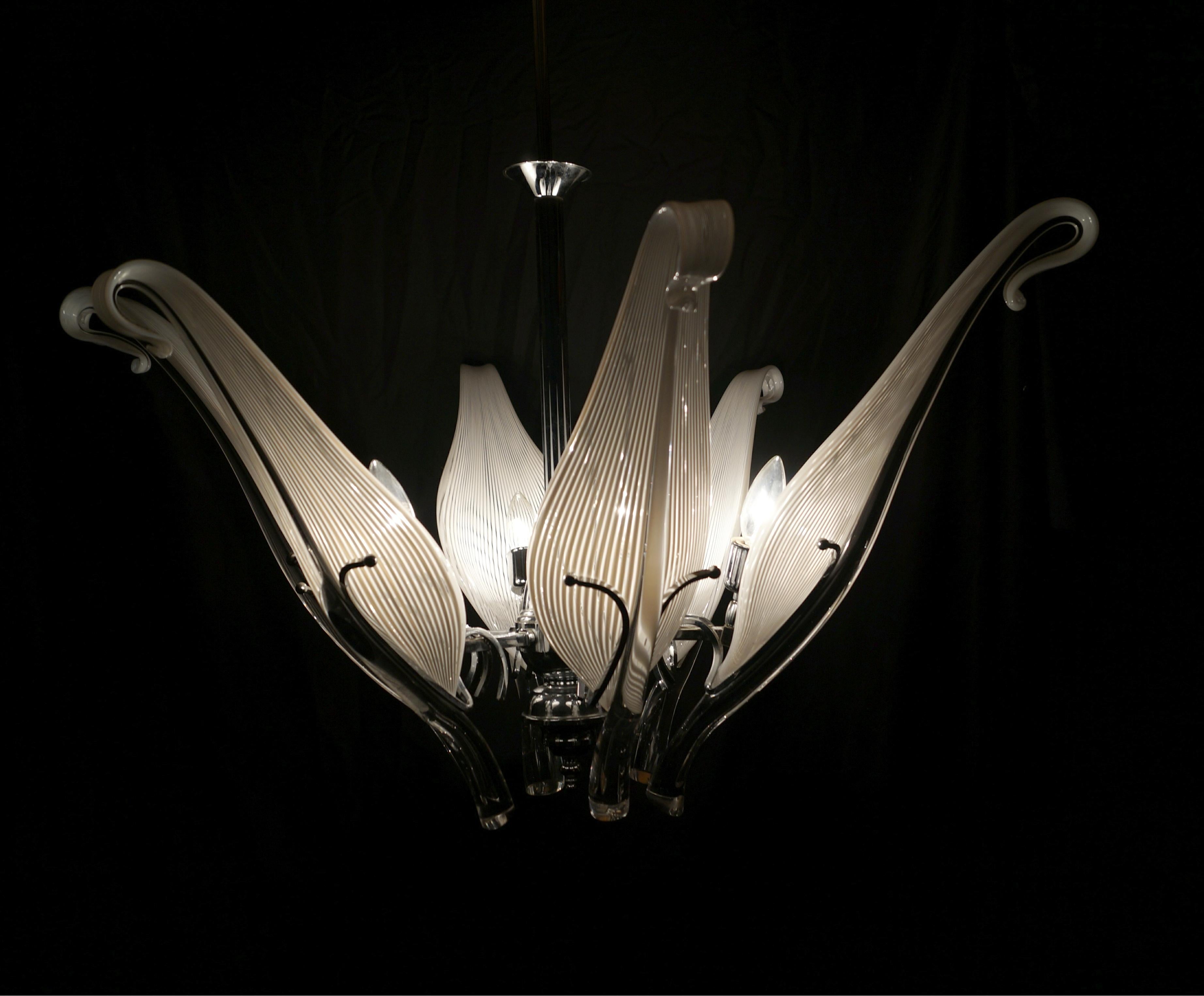 Mid-Century Modern Franco Luce Murano Glass Chrome Six Arm Leaf Lily Chandelier For Sale 2