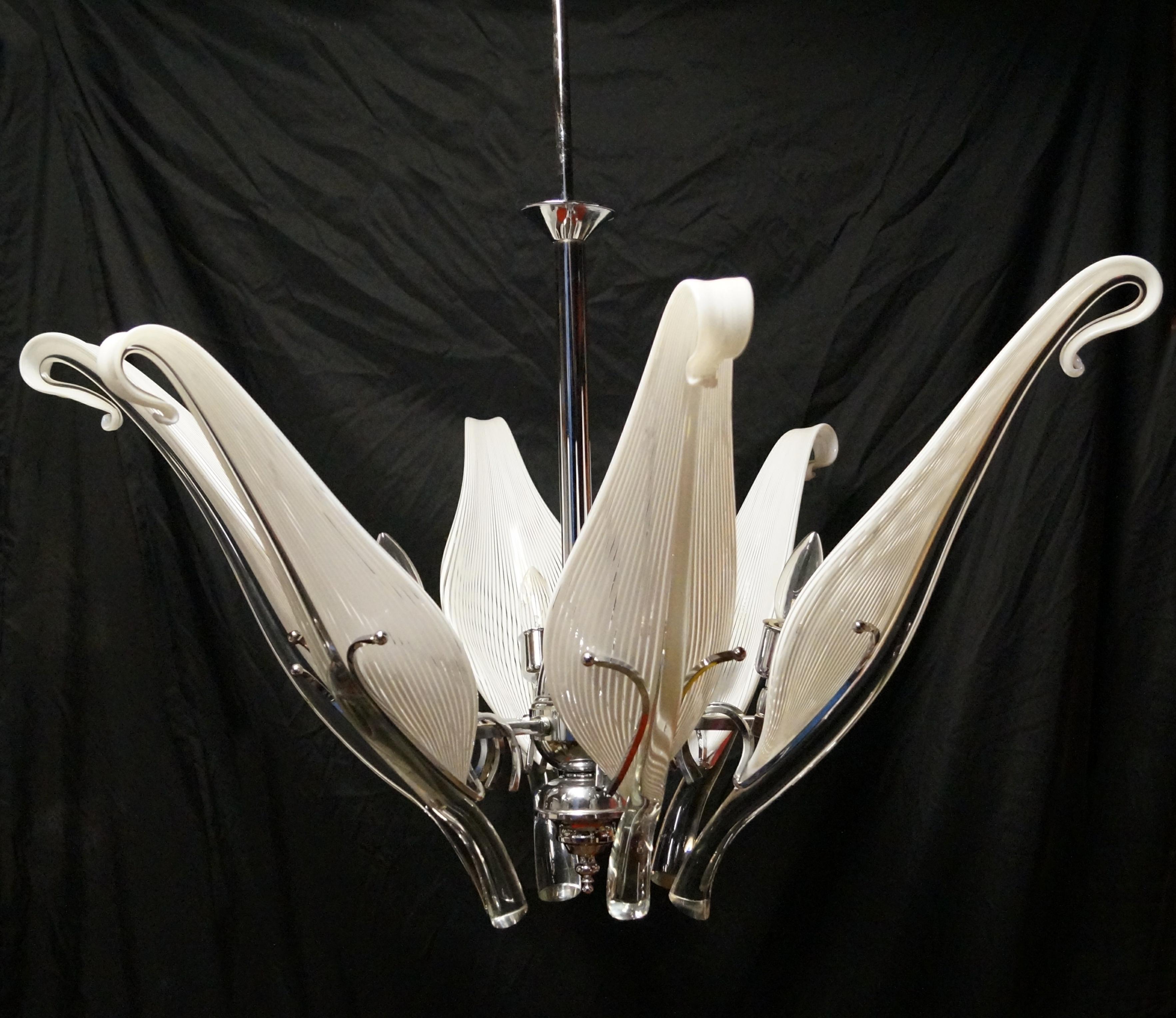 Mid-Century Modern Franco Luce Murano Glass Chrome Six Arm Leaf Lily Chandelier For Sale 3
