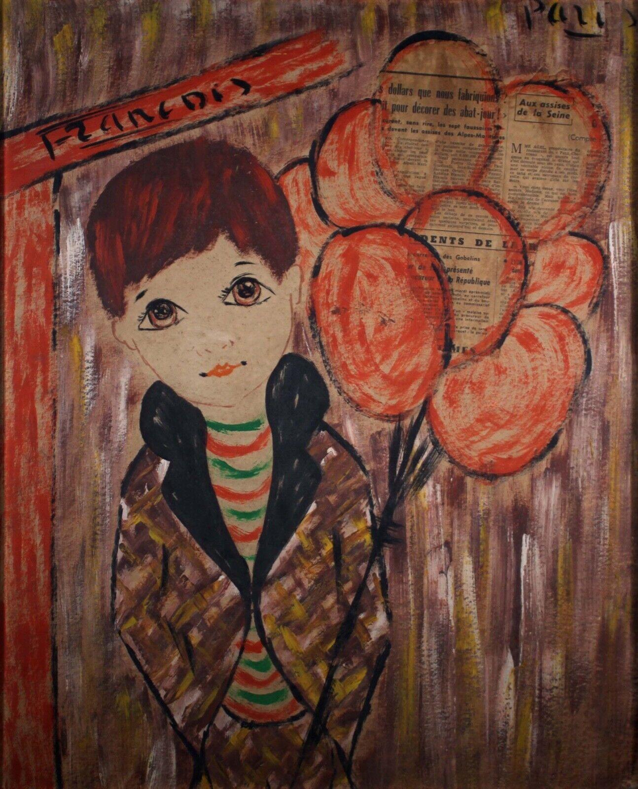 A whimsical and nostalgic mixed media on board by Francois of Paris. Signed on the top left. A big eyed boy holds balloons which are collaged with vintage French newsprint. Retro hues of orange and brown make a marvelous composition. Francois was
