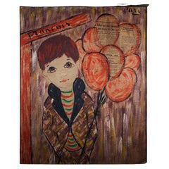 Vintage Mid Century Modern Francois of Paris Signed Big Eye Boy Mixed Media Framed 1960s