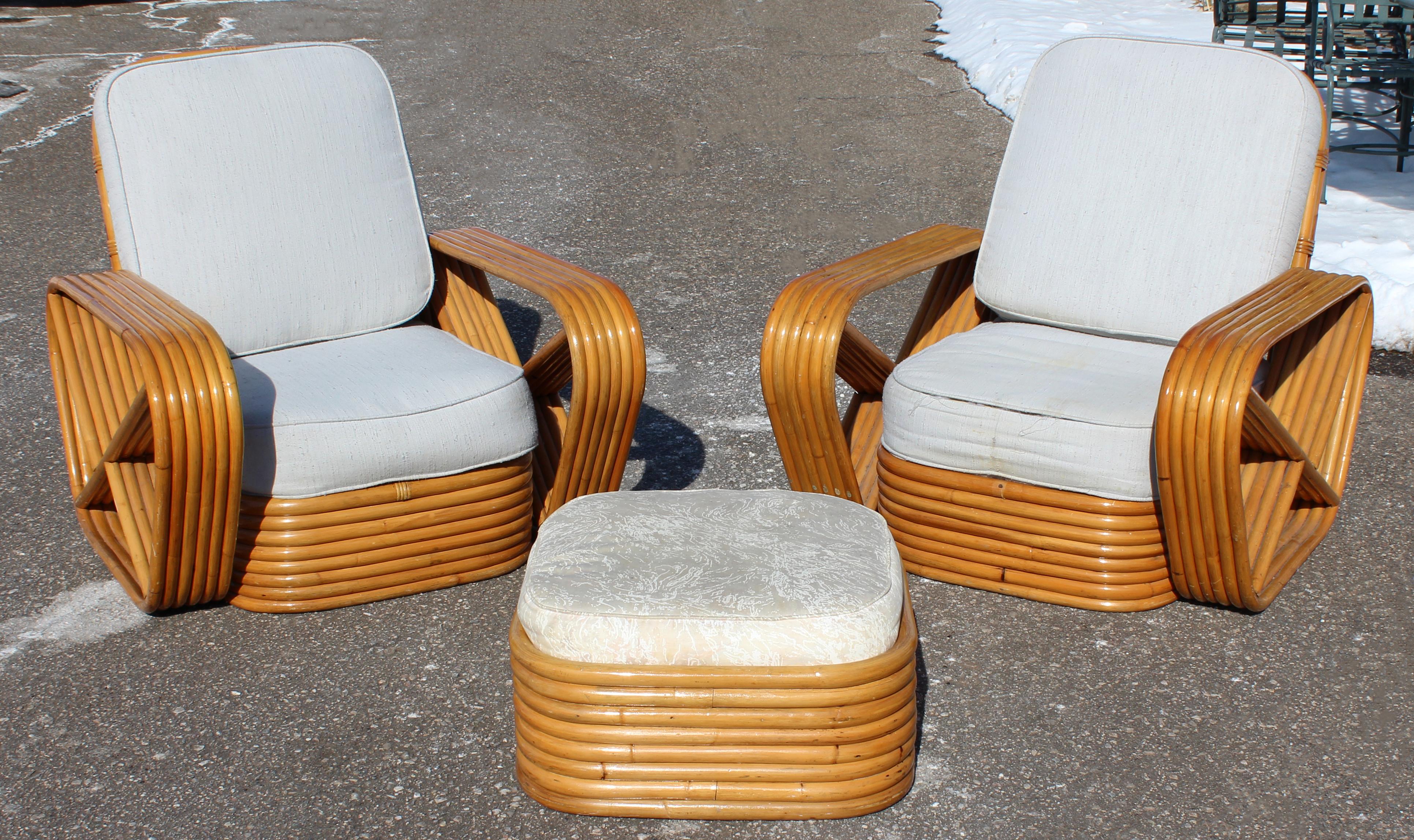 For your consideration is a phenomenal pair of rattan, patio lounge armchairs and matching ottoman, by Paul Frankl, in his 