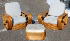 Paar Rattan-Terrassen-Loungesessel und Ottomane, Frankl Pretzel, Moderne der Mitte des Jahrhunderts