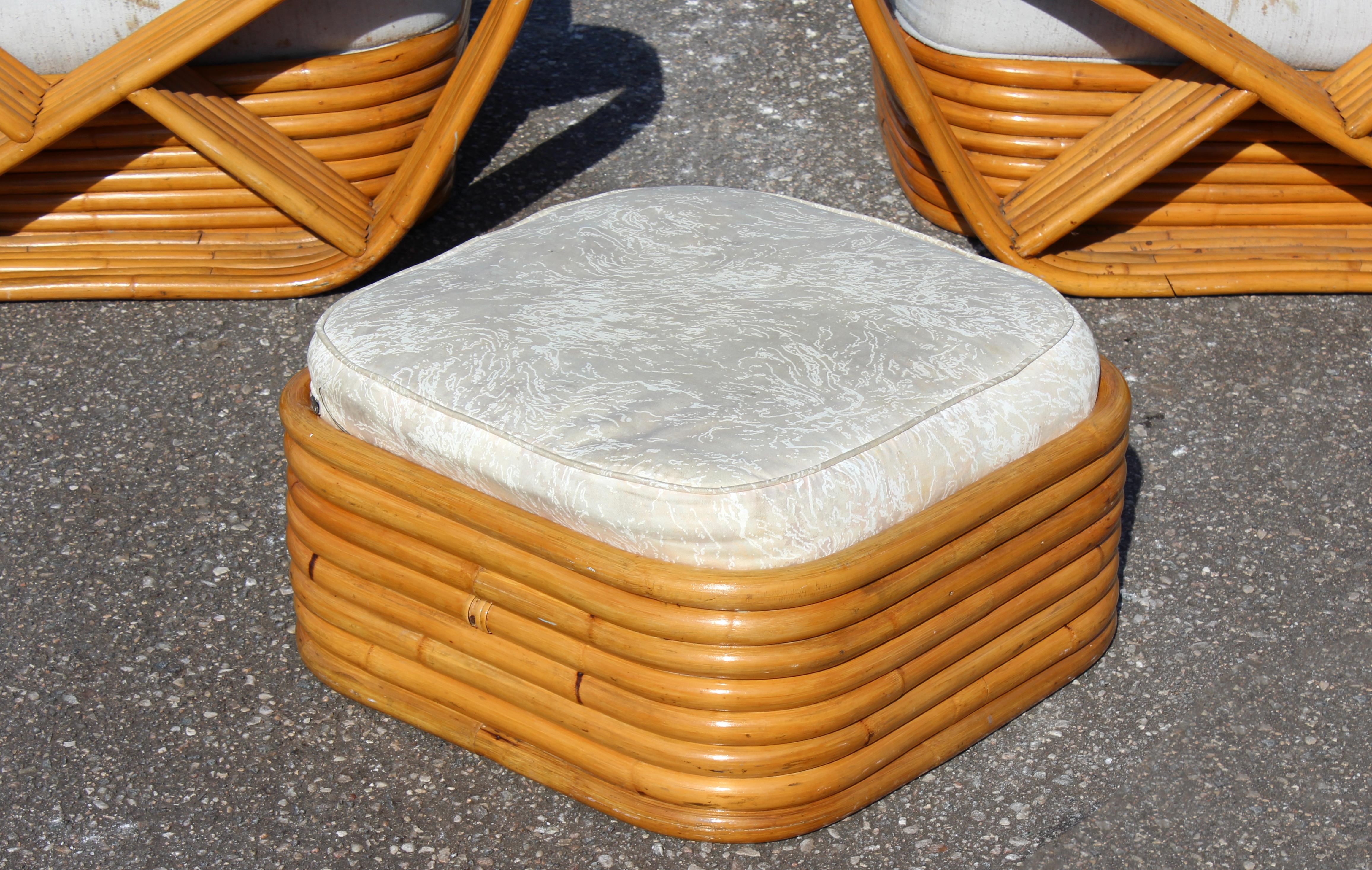 Mid-Century Modern Frankl Pretzel Pair of Rattan Patio Lounge Armchairs Ottoman In Good Condition In Keego Harbor, MI